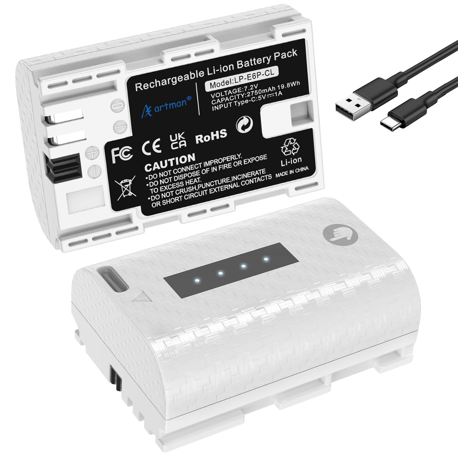 Artman 2750mAh LP-E6P LP-E6NH LP-E6N LP-E6 Battery 2-Pack, Type-C Fast Charging for Canon EOS R R5 R5 II R6 R6 II R7 5D II III IV 5DS R 6D 6D II 7D 7D II 60D 60Da 70D 80D 90D Cameras (White)