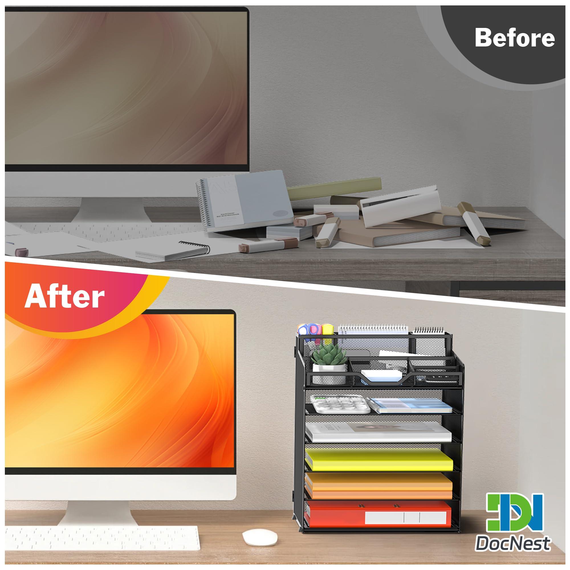 Docnest Multi-Functional Desk Organizer Tray, 6 Tier Paper Letter Tray Organizer with 3 Pen Holder, Mesh Desktop Organizer and Storage with 5 Adjustable Compartments for Office Supplies-Black - Image 4