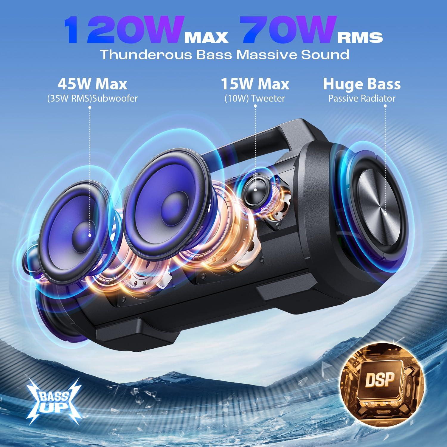W-KING Portable Speakers Bluetooth Wireless, 120W Max Loudest Bluetooth Speaker, IPX6 Waterproof Outdoor Speaker with 70W Deep Bass/2*Subwoofer/DSP/EQ/42H/LED/MAC-in/Power Bank, Large Party Boombox - Image 2
