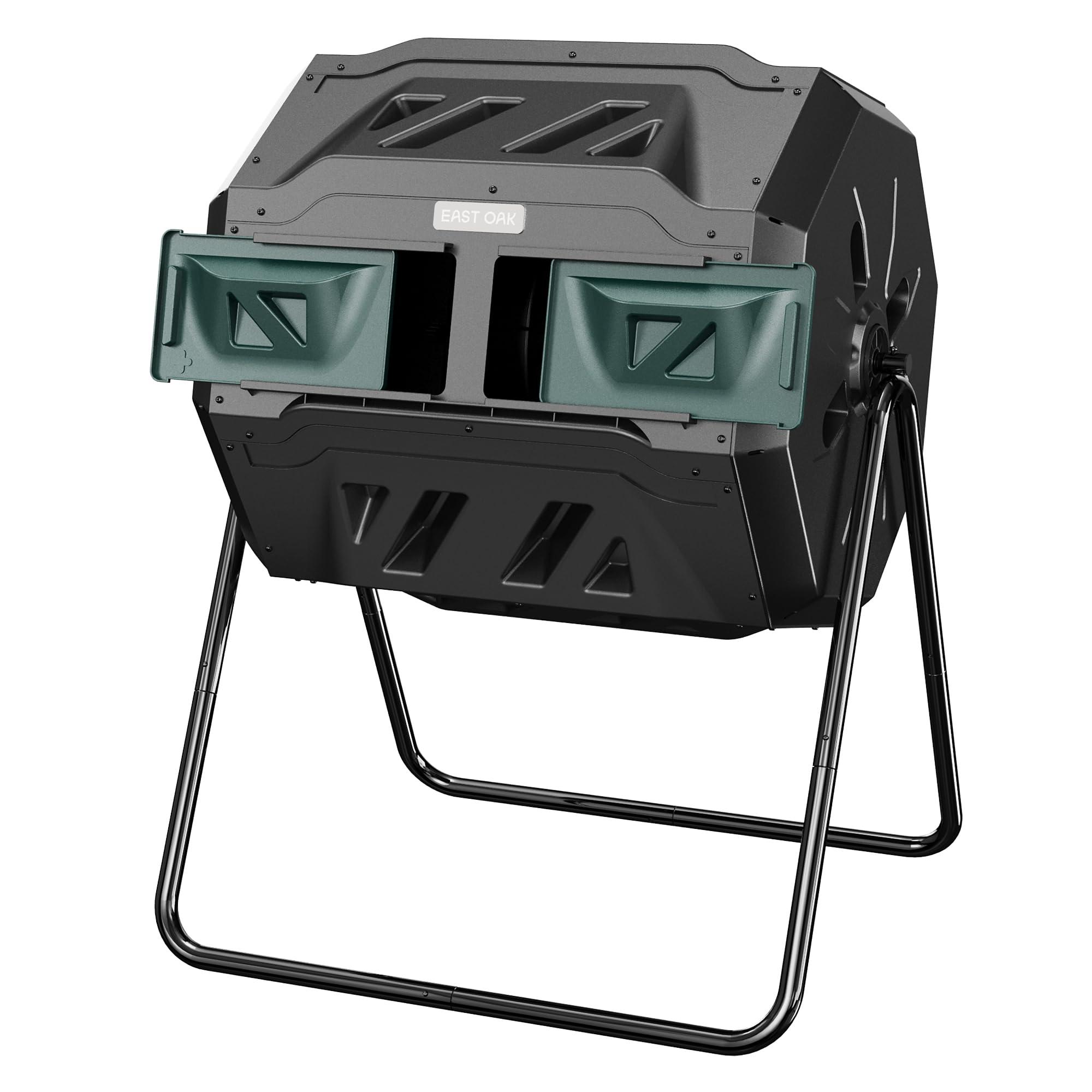 EAST OAK Compost Tumbler Outdoor, 43-Gal Dual Chamber Compost Bin with 2 Sliding Door and Aeration System, Tumbling Rotating Composter Bin for Kitchen, Garden, Yard