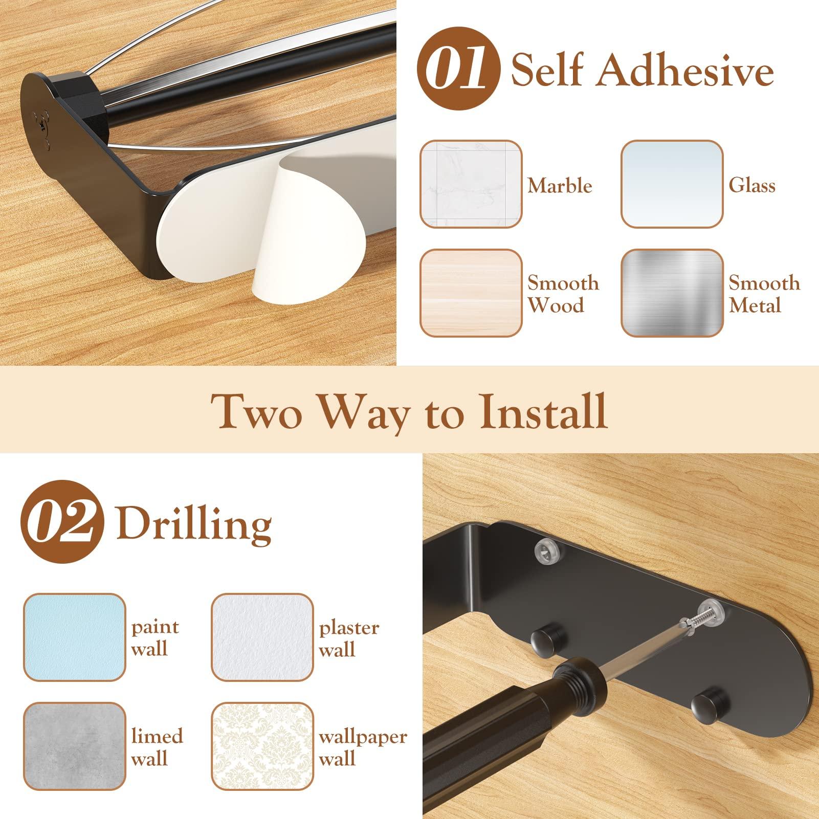 Paper Towel Holder Under Cabinet, Single Hand Operable Wall Mount with Damping Effect, Self-Adhesive or Drilled Paper Roll Holders for Kitchen, Bathroom, RV(2 Towel Robe Hooks) - Image 7