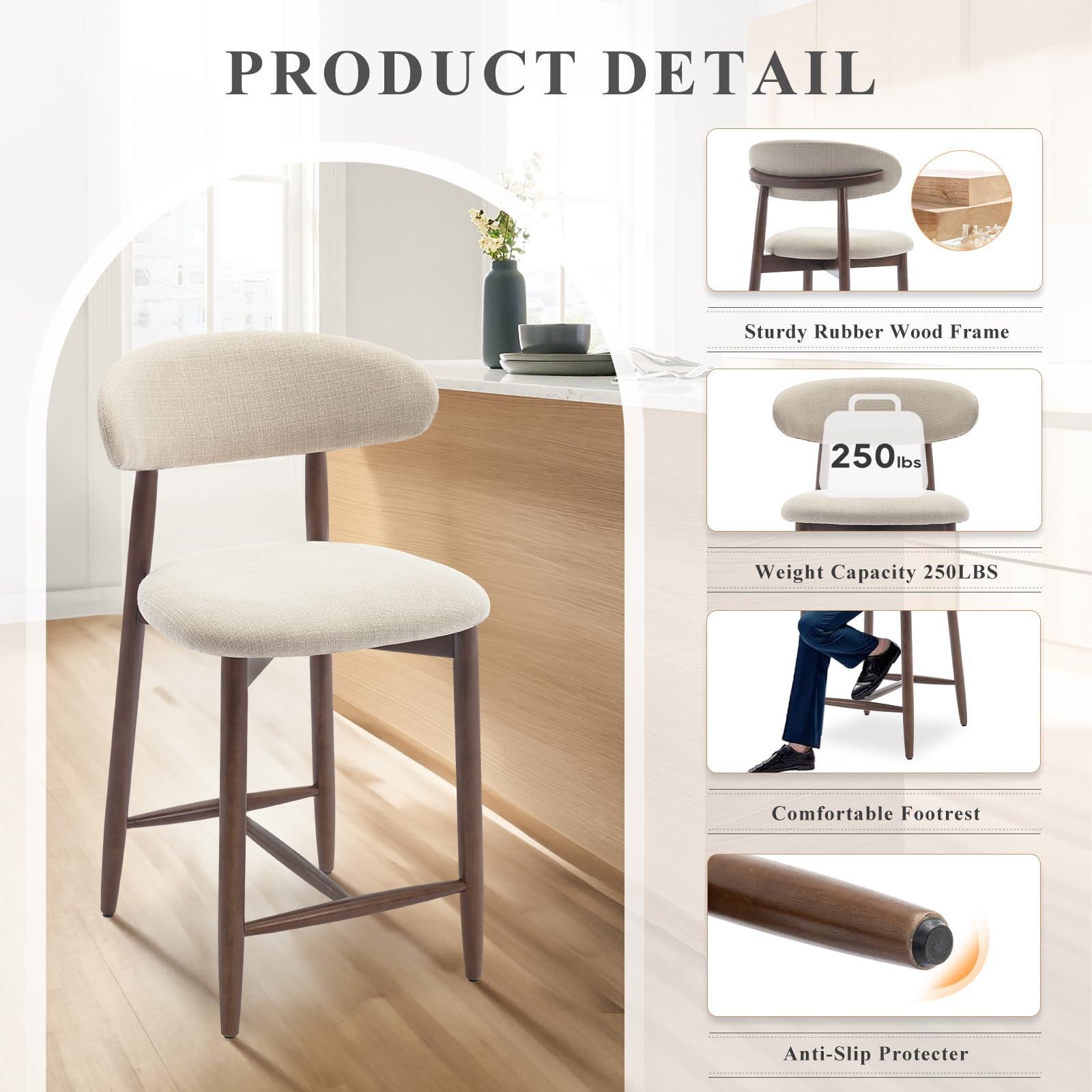 COLAMY Bar Stools with Back, Counter Height Bar Stools, Upholstered Counter Stools with Wood Legs for Kitchen Island Dining Room Bar, Beige - Image 5