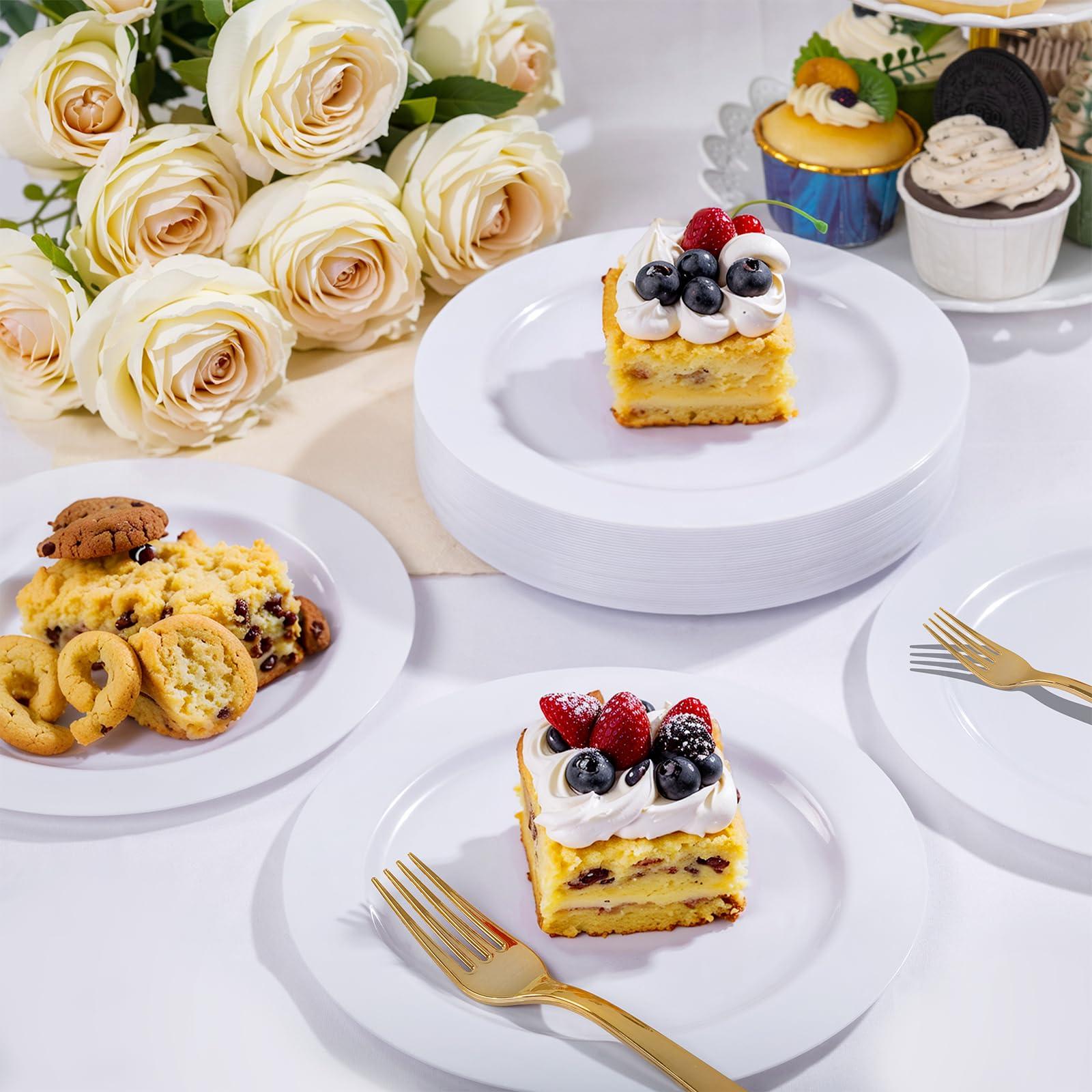 WELLIFE 100PCS White Plastic Dessert Plates and 100PCS Gold Disposable Forks, Premium Hard Dessert Plate 7.5”, Appetizer Plastic Plates for Party and Wedding - Image 5