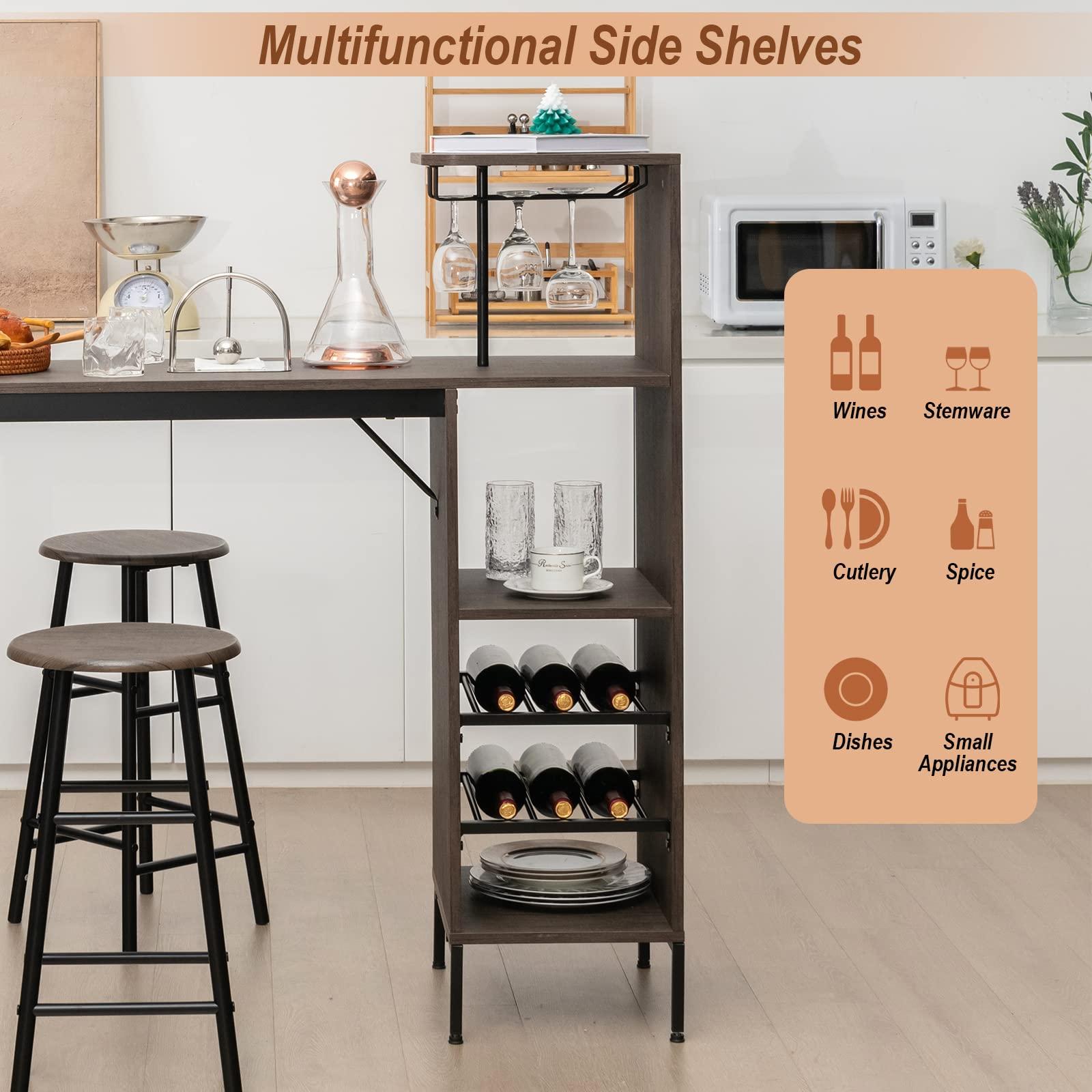 COSTWAY 3 Pieces Bar Table and Chair Set, Industrial Pub Table & Stools with Wine Glass Holders & 6-Bottle Wine Racks, Counter Height Dining Table Set for Living Room Dining Room Kitchen, Brown - Image 6