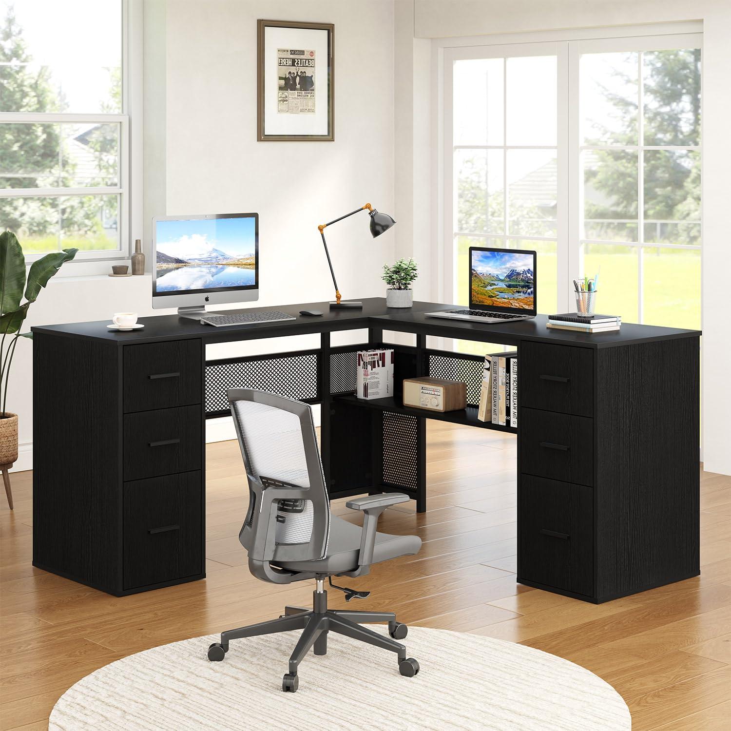 HSH Black L Shaped Desk with File Drawers Shelves, Reversible Corner Metal Wood Computer Desk with Storage Cabinet, Modern Large Executive Work Writing Study Table for Home Office Bedroom, 59 Inch - Image 8