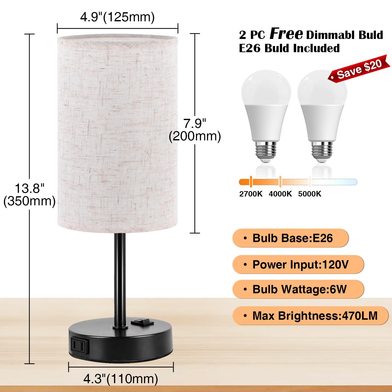ZJOJO Table Lamp for Bedroom Set of 2, Bedside Small Lamps with 3 Way Dimmable Rocker Switch and AC Outlet, Nightstand Desk Lamp with Flaxen Fabric Shade Black Base for Living Room Home Decor Lights - Image 2