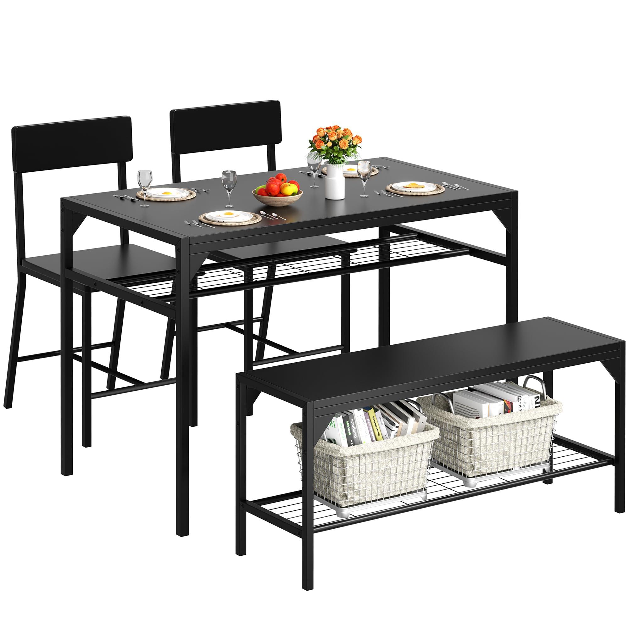 Shintenchi Kitchen Table Chairs Set of 4, Dining Table Set for 4 with Bench and Chairs, 4 Pieces Kitchen Table Set with Storage Rack & Metal Frame for Small Space, Black