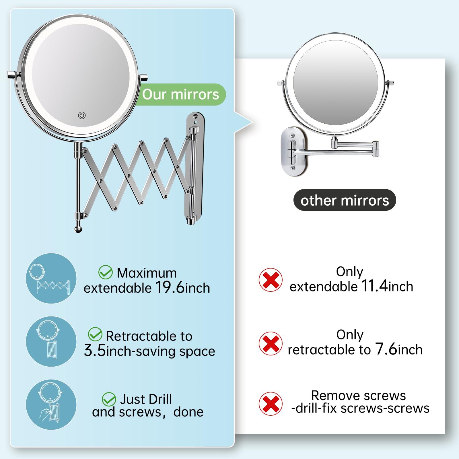 Rechargeable Wall Mounted Makeup Mirror - 8 Inch Double Sided 1X/10X Magnifying Mirror with 3 Color Lights Dimmable Touch Screen, 360°Swivel 19.6 Inch Extendable Accordion Bathroom Mirror - Chrome - Image 2