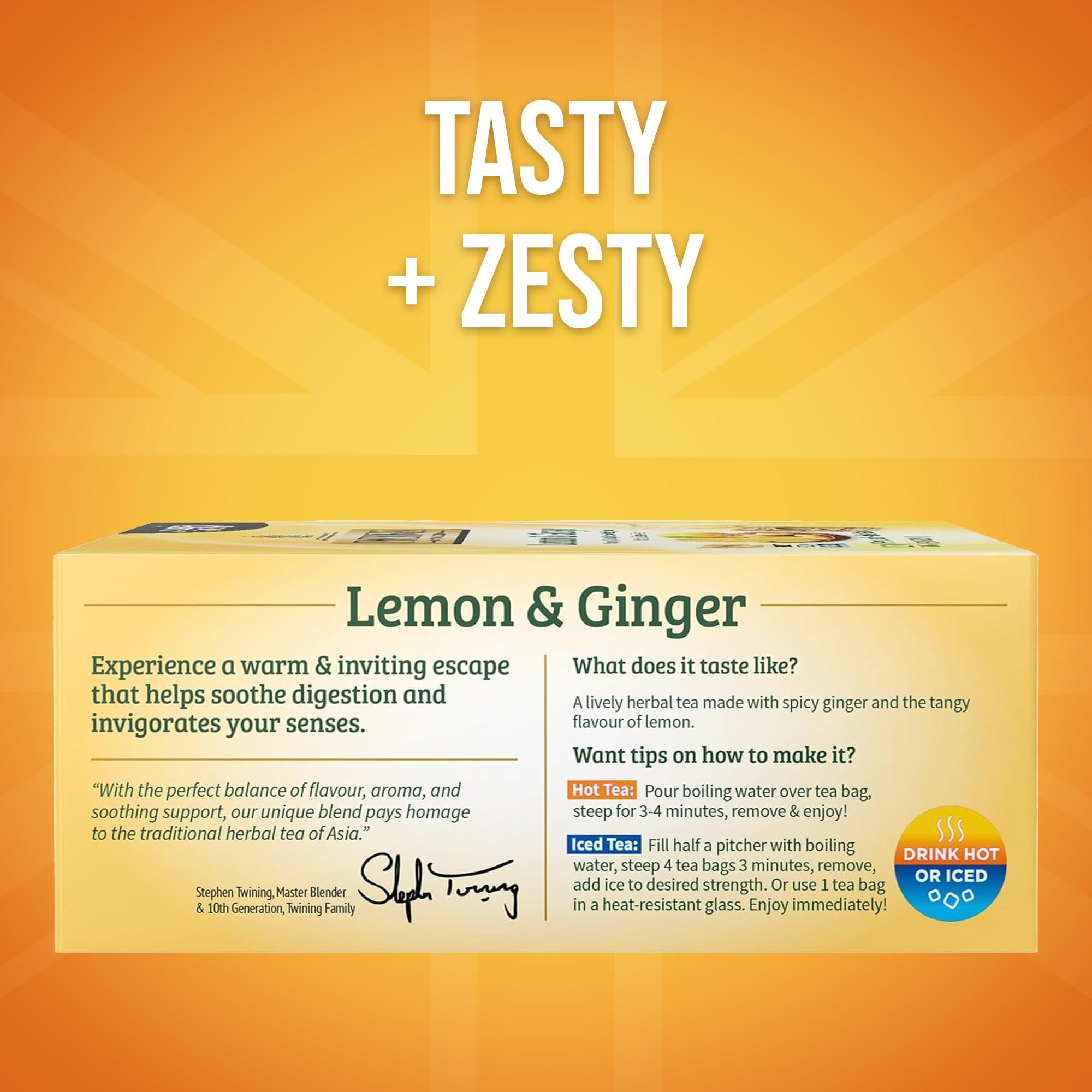 Twinings Lemon & Ginger Herbal Tea Individually Wrapped Bags, 100 Count (Pack of 1), Tangy Lemon, Spicy Ginger, Naturally Caffeine-Free, Enjoy Hot or Iced | Packaging May Vary - Image 2