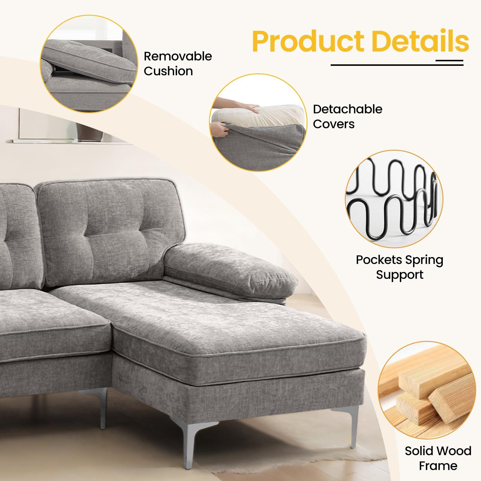 COHOME 83in L-Shaped Couch, Chenille Upholsted Sofa with Reversible Chaise,3-Seat Couch for Living Room, Convertible Sectional with Removable Covers,Grey - Image 3