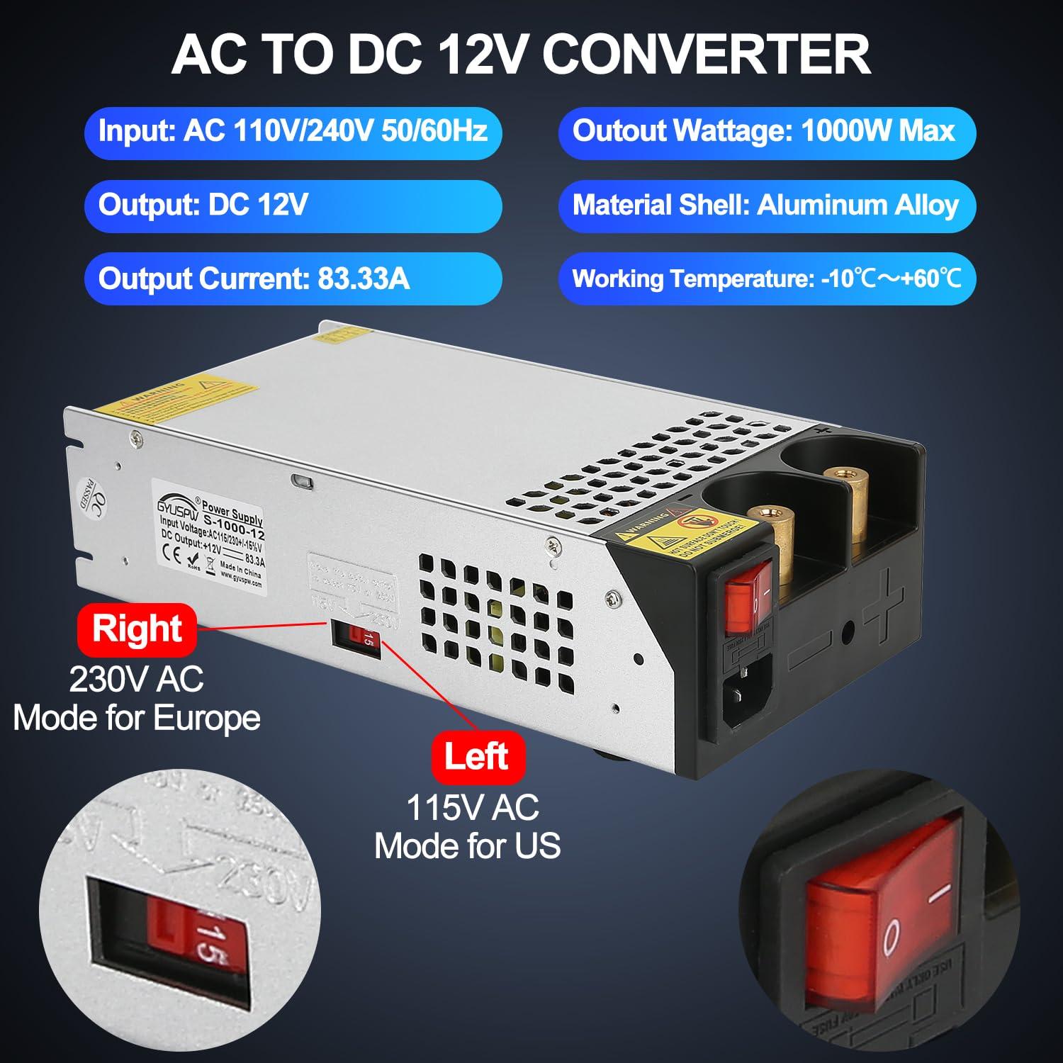 New Version 12V 1000W AC to DC Converter, DC Power Supply Switch Adjustable Switch Transformer for LED Strip, LCD Monitor, CCTV, 3D Printer, Computer Project, Radio and Car Stereo Max Current 83.4A - Image 2