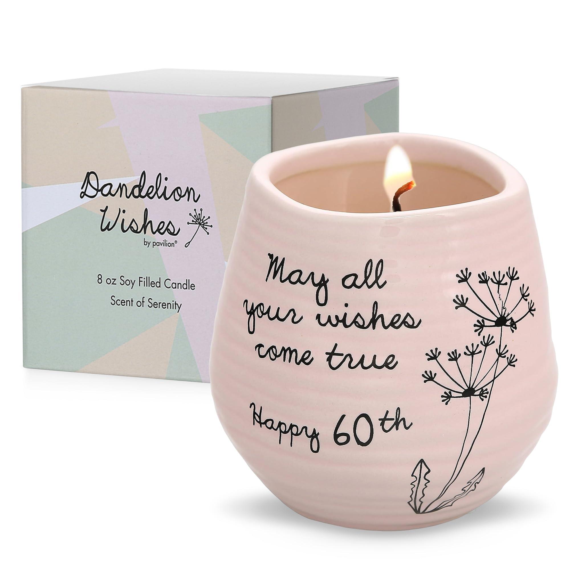 Pavilion - 8 Oz Candle Holder - Pink Ceramic Candle Jar with 100% Soy Wax Candle Serenity Scent "May all your wishes come true Happy 60th" Ideal Gift for Loved Ones - Printed Text, Love Theme & Oval