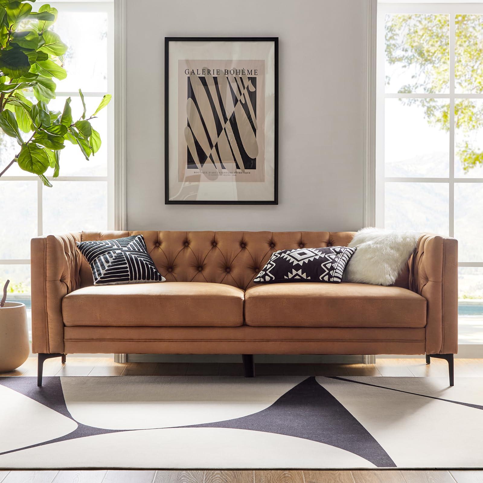 HULALA HOME 84" W Faux Leather Sofa Couch with Metal Legs, Button-Tufted 3-Seater Sofa, Mid Century Modern Upholstered Couch for Living Room, Entertainment Area, Apartment,Camel