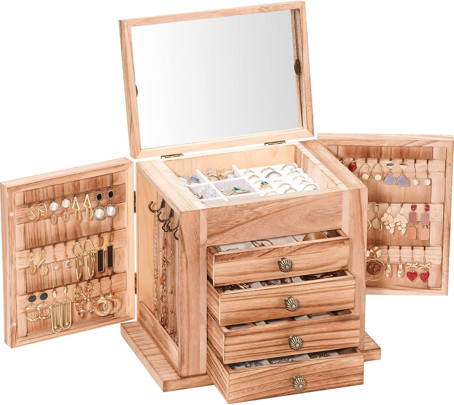 ProCase Large Jewelry Box, 5-Layer Wooden Jewelry Boxes for Women, Jewellery Holder Organizer Storage Case with Mirror for Earrings Bracelet Necklace for Dresser -Natural