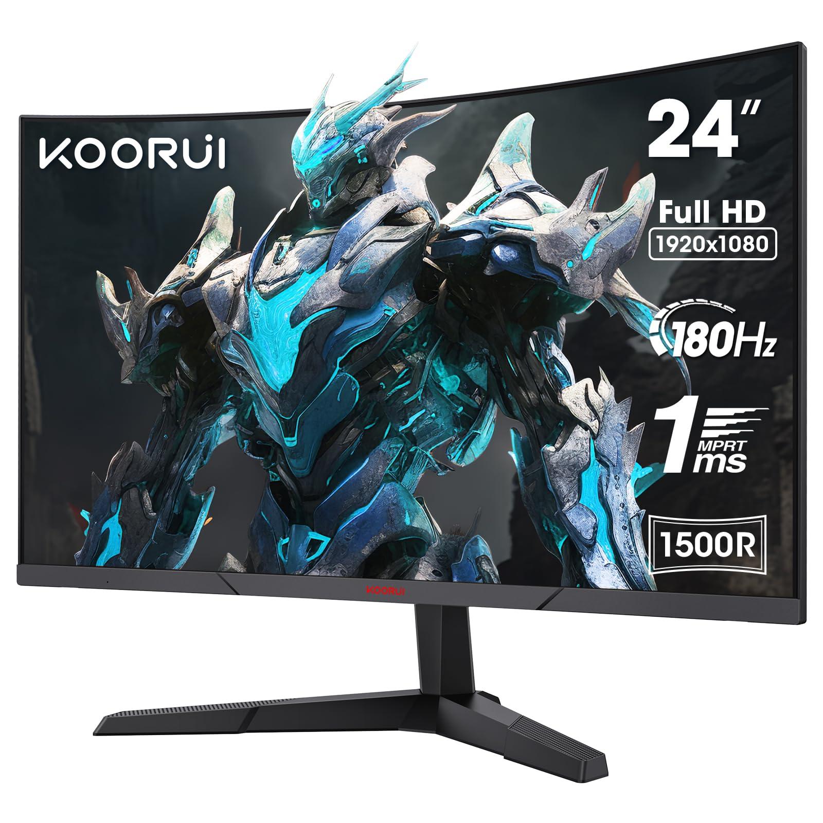 KOORUI 24 inch Curved Gaming Monitor 180Hz FHD 1080P Computer Monitor,1ms 1500R VA Display,Adaptive Sync,HDR10,HDMI2.0X2&DP1.2,VESA Compatible,Tilt Adjustable,Eye Care,24E6CA