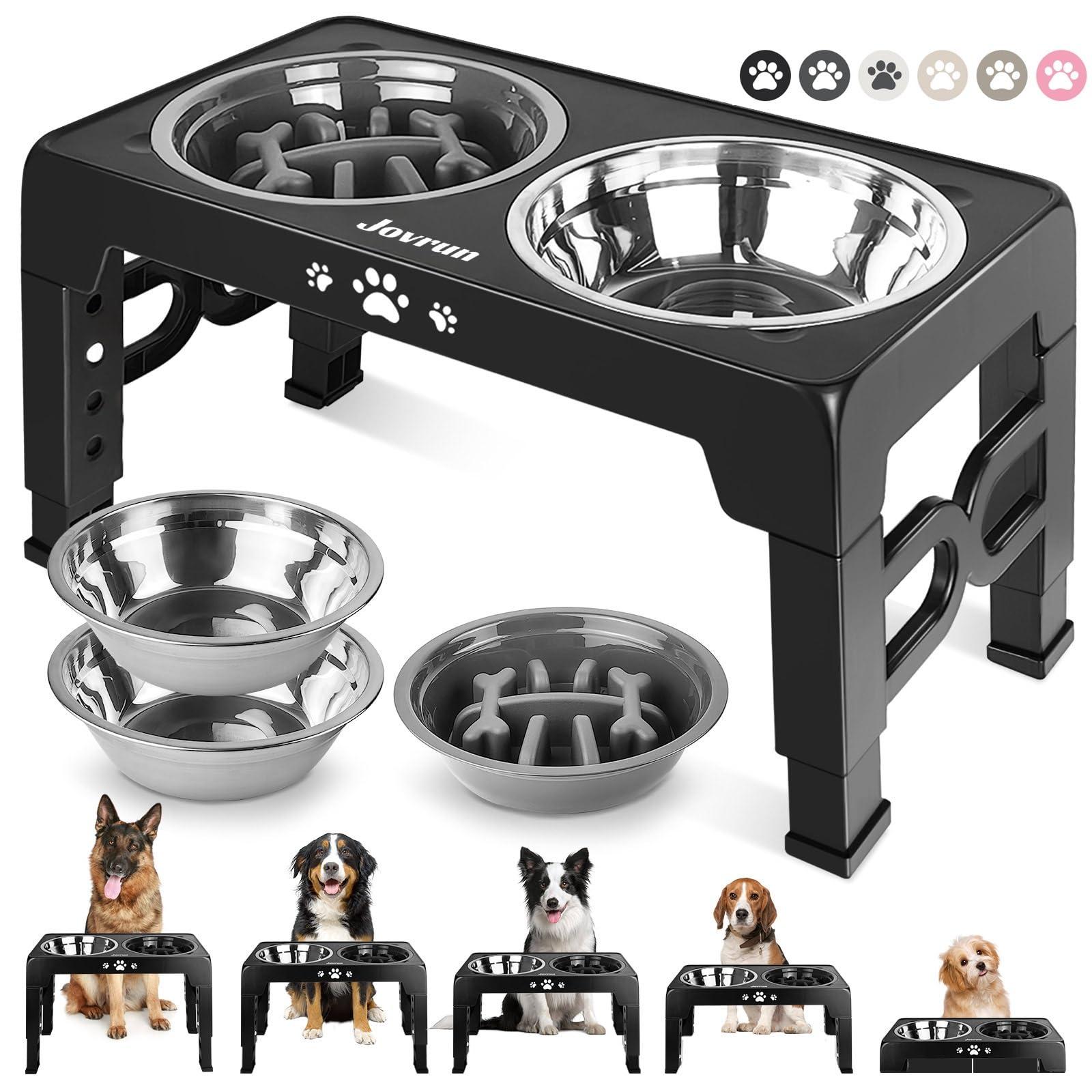 Jovrun Elevated Dog Bowls, Dog Feeder with 2 Stainless Steel Dishes &1 Slow Feeder Bowl, 5 Heights Adjustable Raised Stand for Medium Large, Food Dishes with Non-Slip Feet