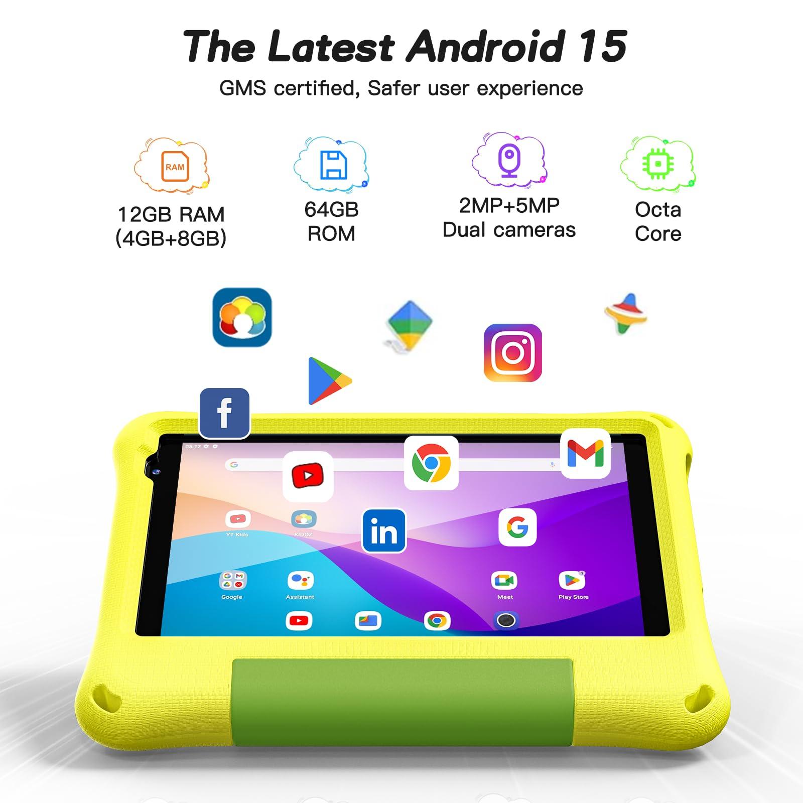 Kids Tablet 8 Inch Android 15, Octa-Core 12GB RAM + 64GB ROM, Toddler Tablet with WiFi 6, Parental Control, Pre-Installed Kids Space, EVA Case, Anti-Glare Screen Protector, Adjustable Strap, Yellow - Image 2