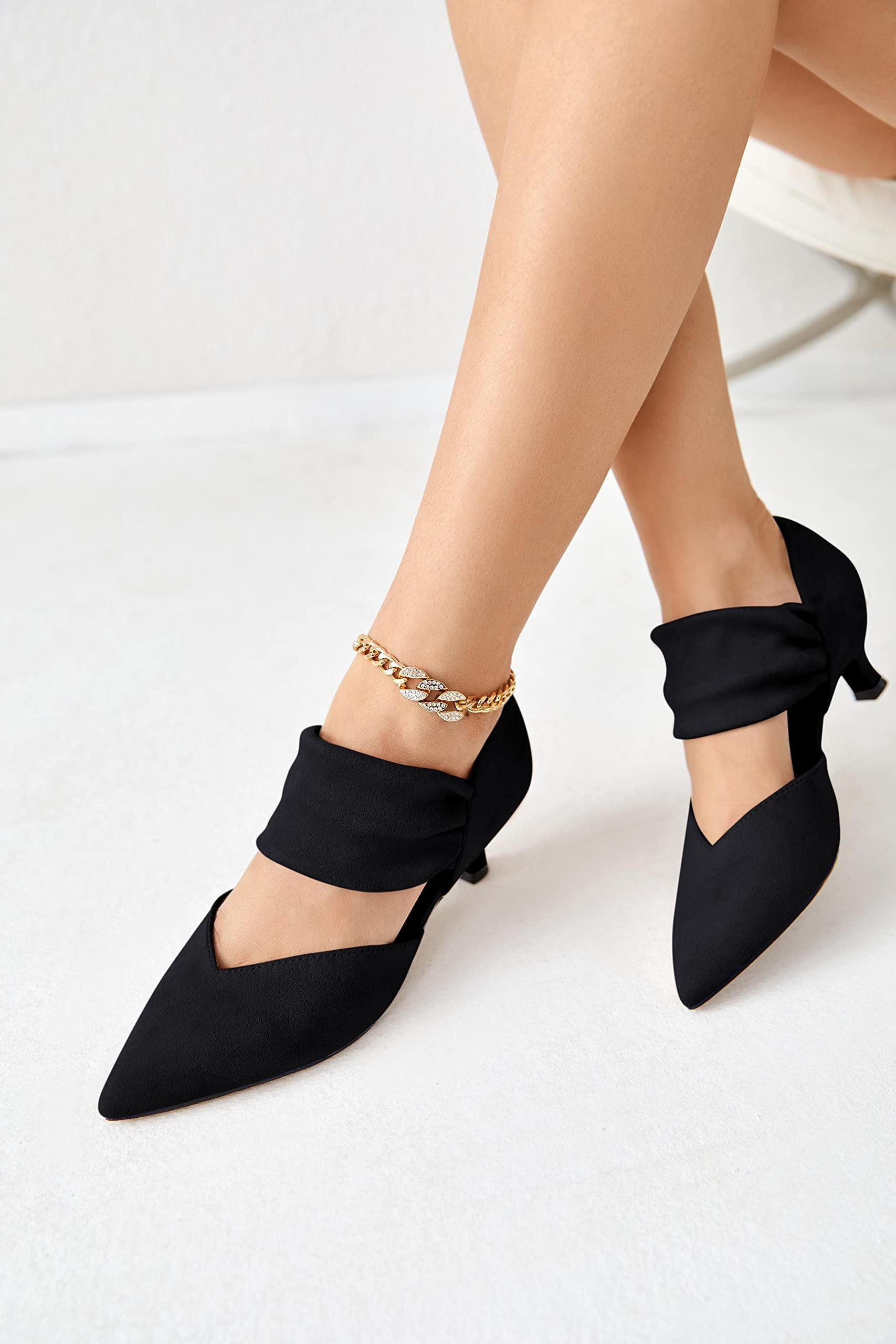 Coutgo Womens Low Kitten Heel Dress Shoes Pointed Toe Slip on Ankle Strap Cutout Elegant Party Wedding Pumps - Image 2