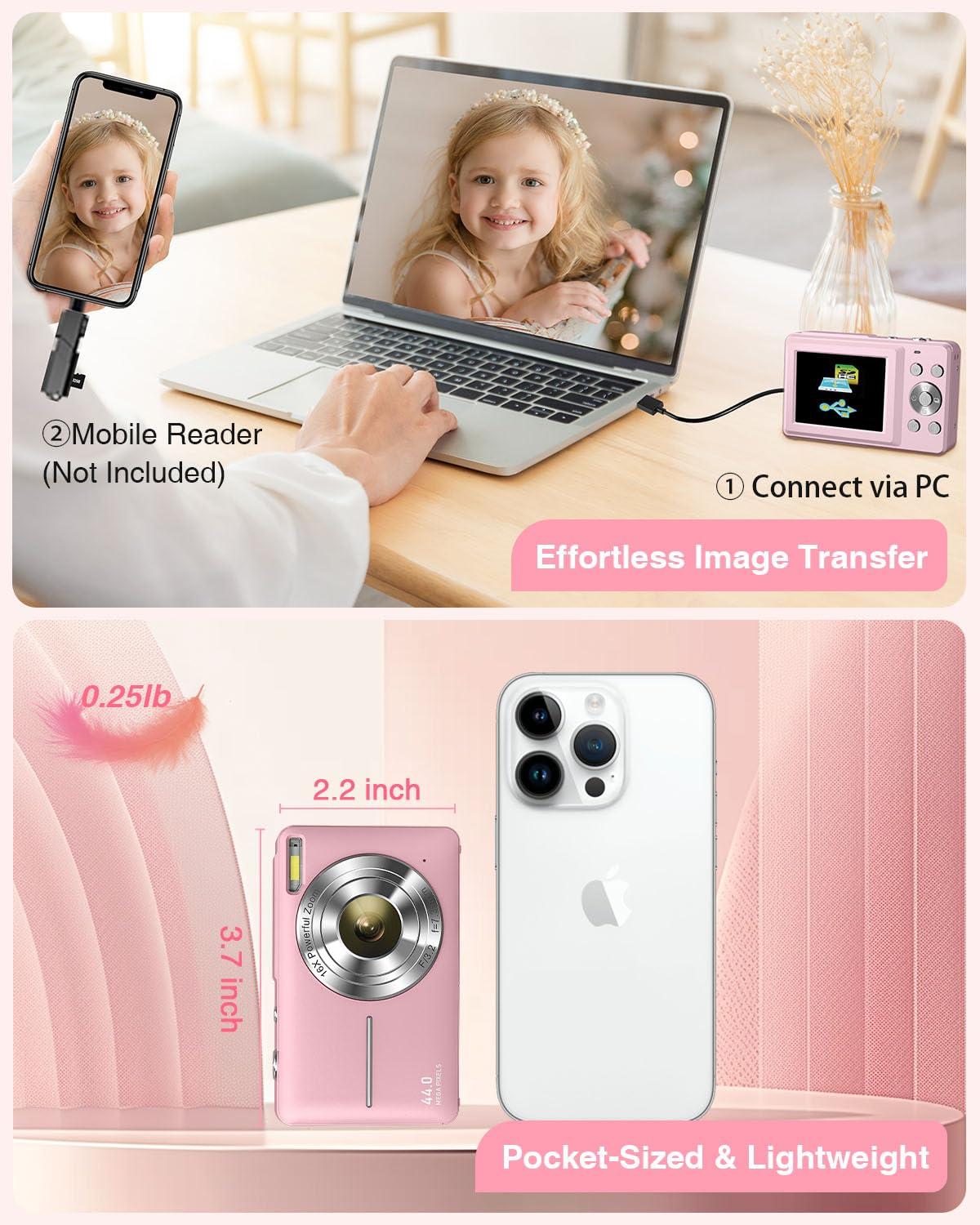 YAXTIFIU Digital Camera, 44MP FHD 1080P Camera for Kids with 32GB Card, Point and Shoot Digital Camera for Teens with 16X Zoom, Portable Kids Camera Gifts for Girls Boys Student Children(Pink) - Image 4