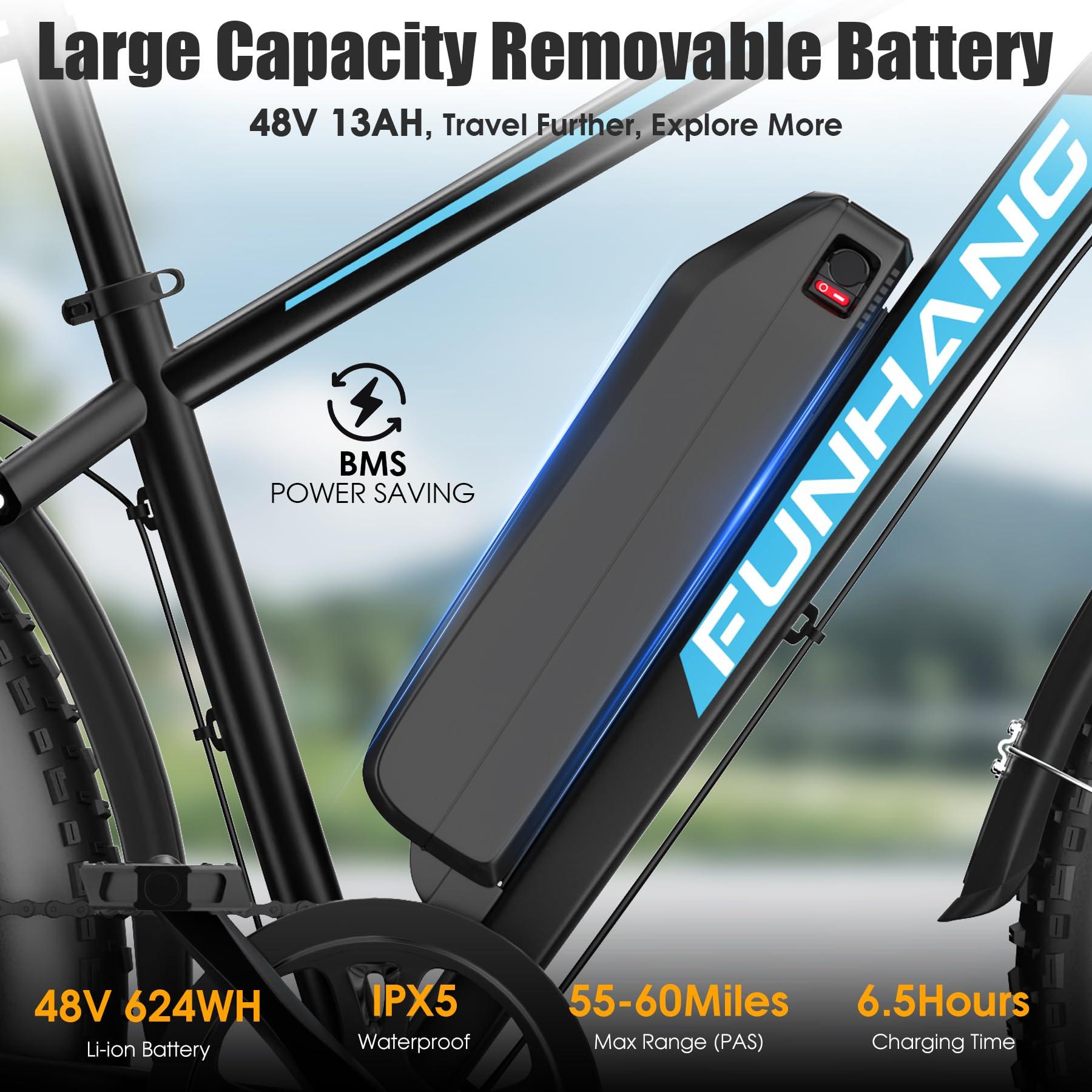 Funhang Electric Bike for Adults, Peak 1000W Ebike, 25MPH 60Miles Electric Mountain Bike, 26" Fat Tire Adult Electric Bicycle with 48V 13AH Battery, Rear Rack, 7 Speed, Front Suspension, Turn Signal - Image 3