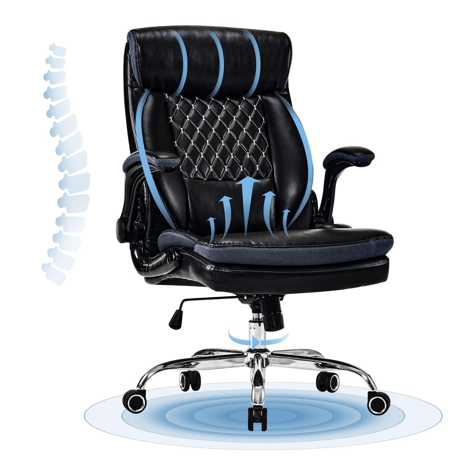 Executive Office Chair, Ergonomic Leather Office Chairs with Lumbar Support Flip-up Arms, Swivel Rolling High Back Comfy Computer Desk Chair for Home Office Furniture Conference Room, Black