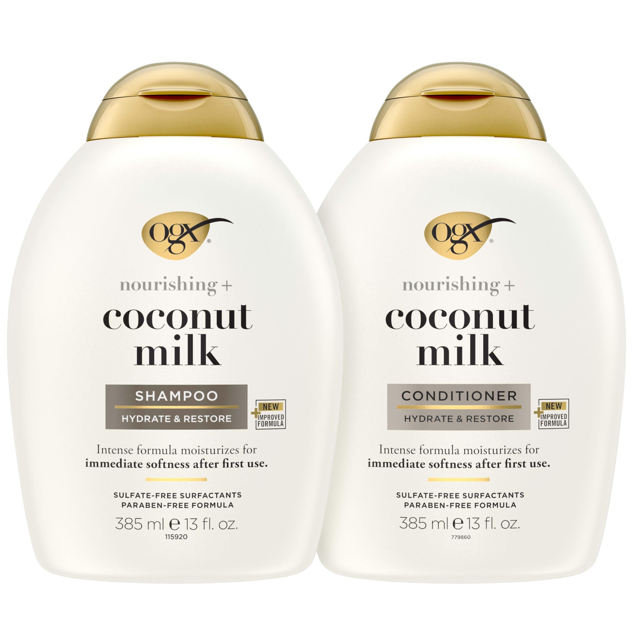 OGX Nourishing + Coconut Milk Shampoo & Conditioner Set, Hydrating & Restoring, Moisturizes for Soft Hair After the First Use, Sulfate-Free Surfactants, 2 Items, 2 x 13 fl. Oz