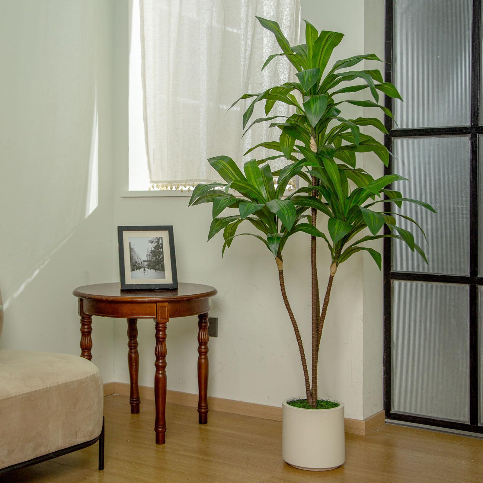 VIVATREES 6FT Tall Faux Dracaena Tree with White Tall Planter, Artificial Plants with Natural Wood Trunk and Lifelike Leaves for Home Office Decor, Green - Image 9