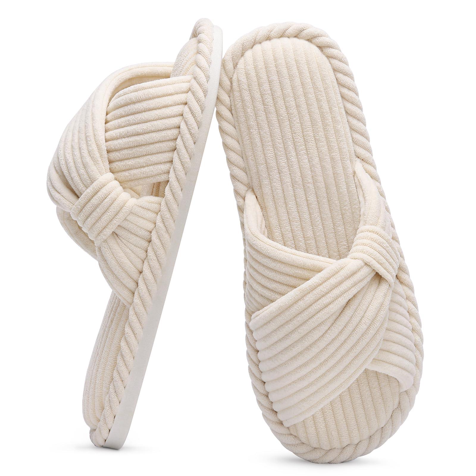Evshine Summer House Slippers for Women Corduroy Cross Bow Indoor Slippers Open Toe Slip On Bedroom Shoes with Memory Foam