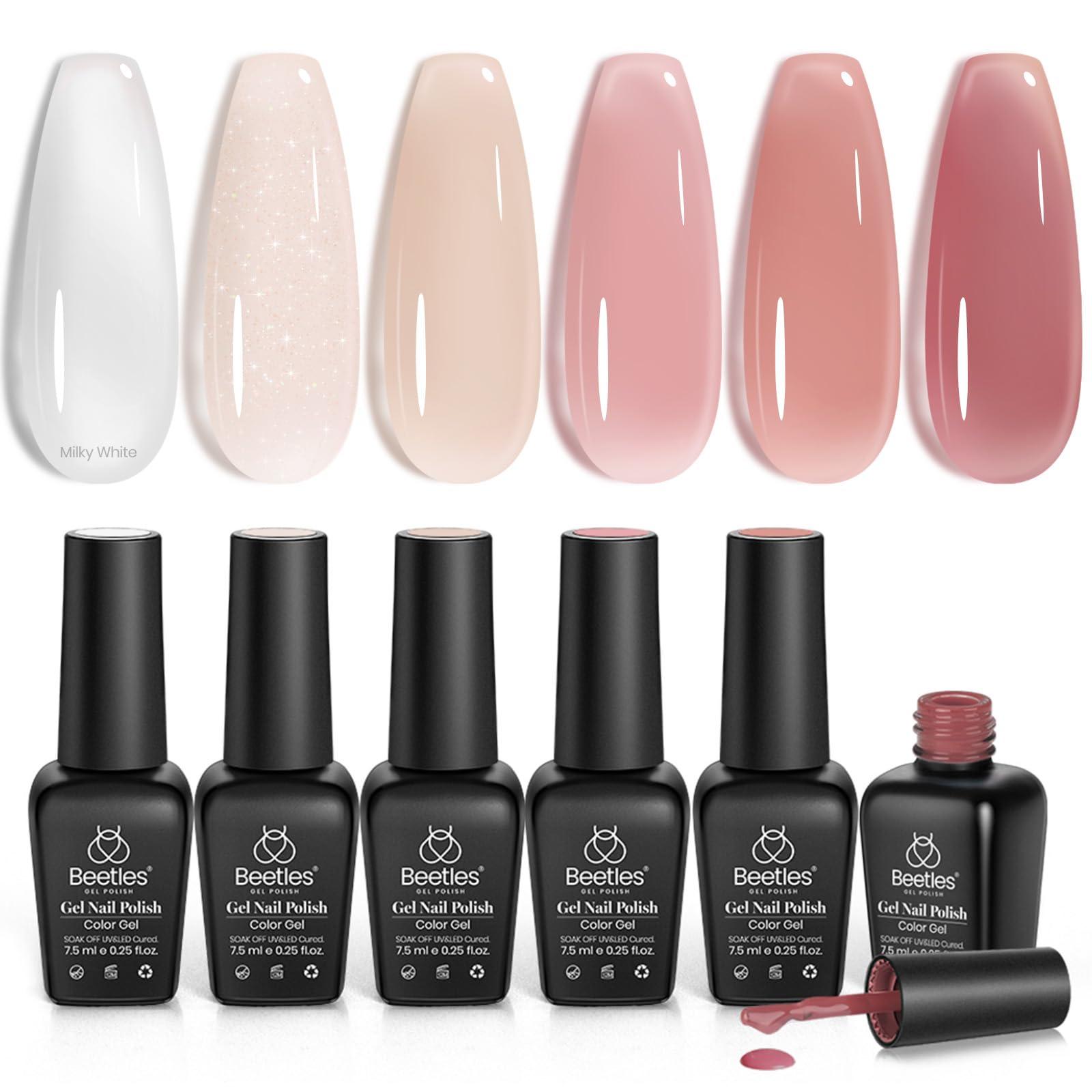 Beetles Jelly Gel Nail Polish Set, 6 Colors Neutral Sheer Milky White Nude Pink Gel Polish Kit Translucent Soak off Uv DIY Manicure Nail Concealer Trend French Nail Art Salon Gift for Girls Women