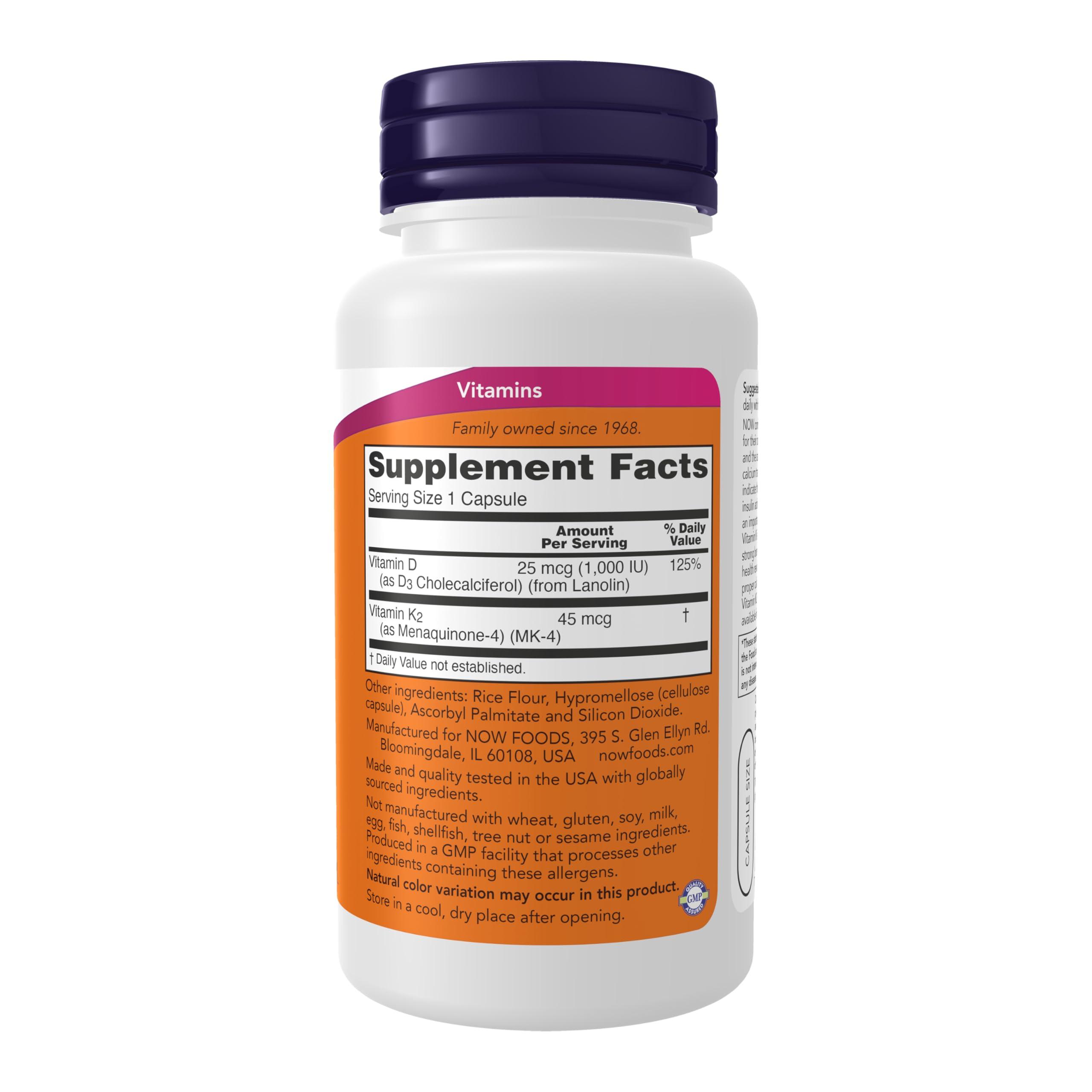 NOW Supplements, Vitamin D-3 & K-2, 1,000 IU/45 mcg,Plus Cardiovascular Support*, Supports Bone Health*, 120 veg Capsules - Image 2
