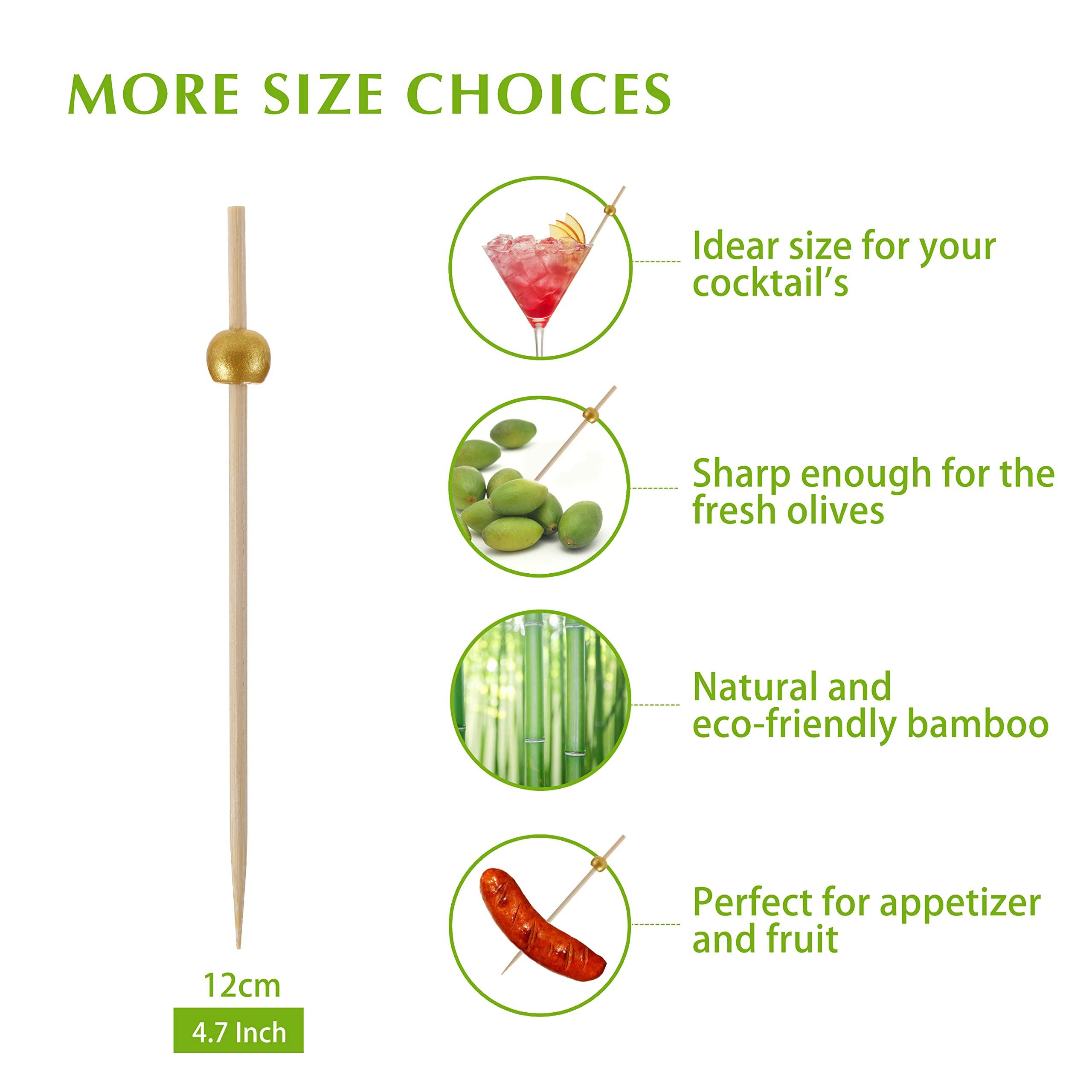 200 Pcs Cocktail Picks, 4.7 Inch Toothpicks for Appetizers, Bamboo Cocktail Sticks Skewers for Drinks, Desserts, Charcuterie, Wedding Party Fancy Toothpicks, Gold Pearl Mini Food Picks Decorative - Image 5