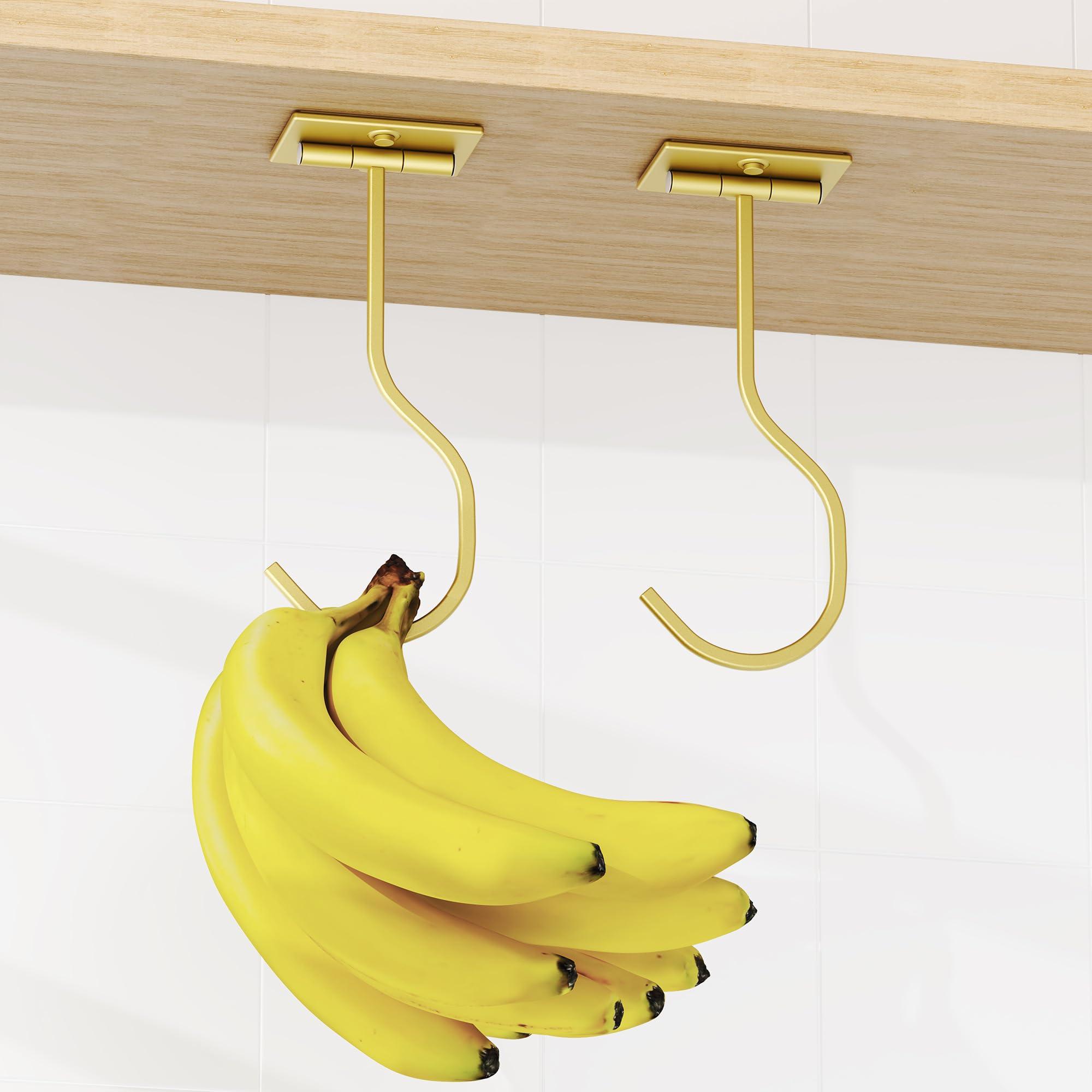 2-Pack Self Adhesive Banana Hook, Metal Banana Hanger Hook,Under Cabinet Hook For Bananas Or Other Kitchen Items, Foldable Banana Hook, Folds Up With Magnets When Not In Use, Keep Bananas Fresh,Gold - Image 9