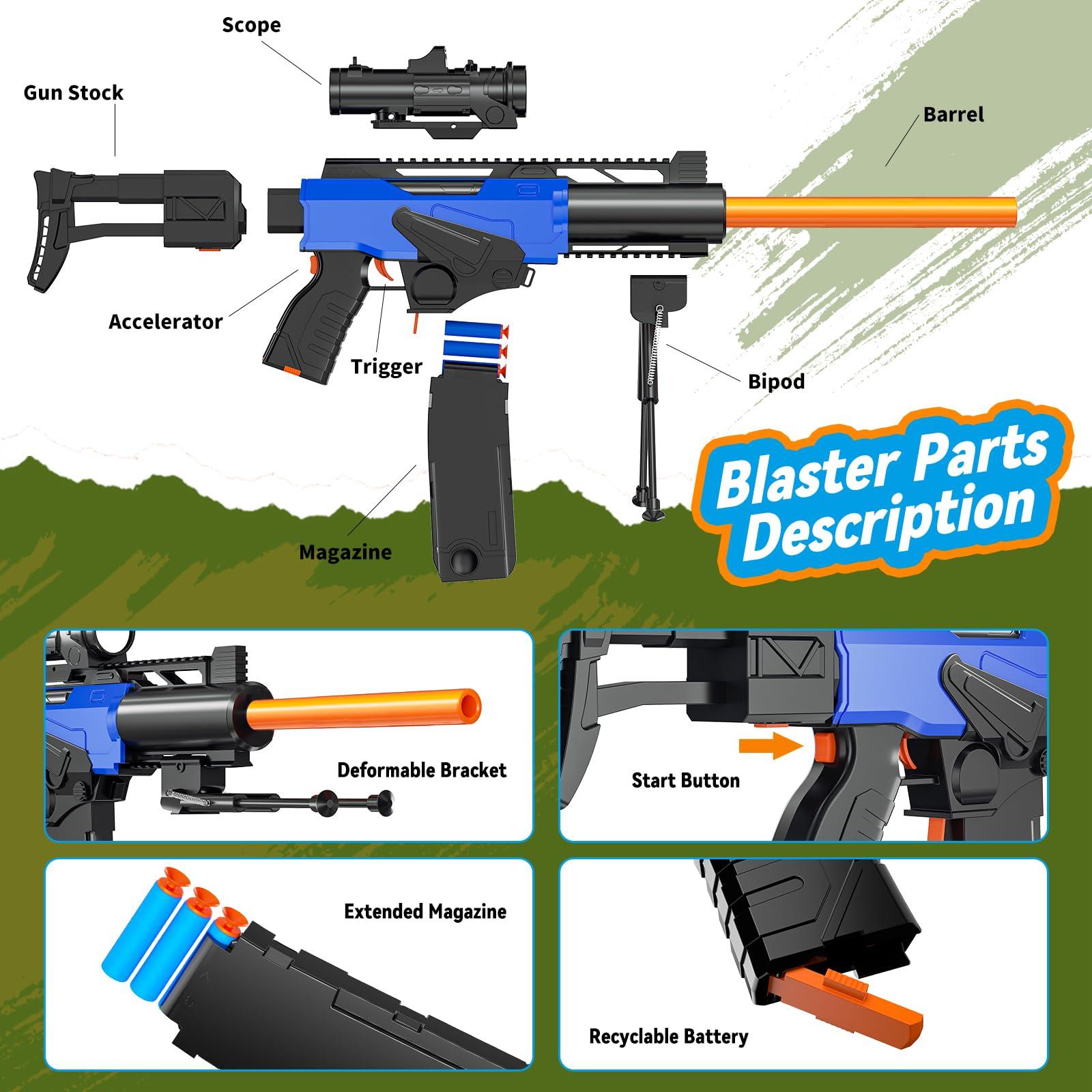 Toy Gun Automatic Sniper Rifle with Scope, Tactical Vest Kit, Toy Foam Blasters with 200 Soft Bullets, 2 Magazinine and Bipod, Electric Gun for Boys Age 8-12, Gifts for Birthday Christmas - Image 5
