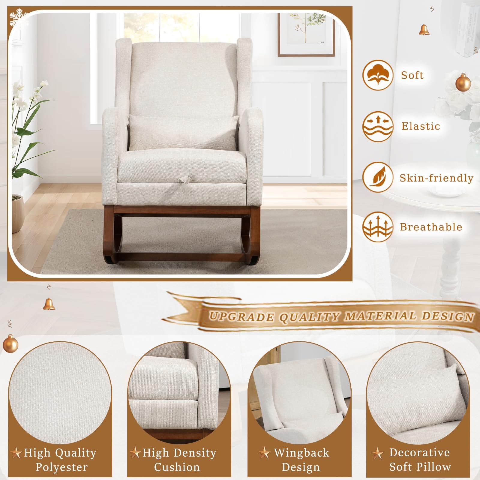Modern Rocking Chair Nursery Glider, Comfy Rocker Nursery Chair with Foot Rest, Accent Reading Armchair with Pillow and Pocket, Upholstered Lounge Rocker with Solid Wood Base for Relaxing (Beige) - Image 3