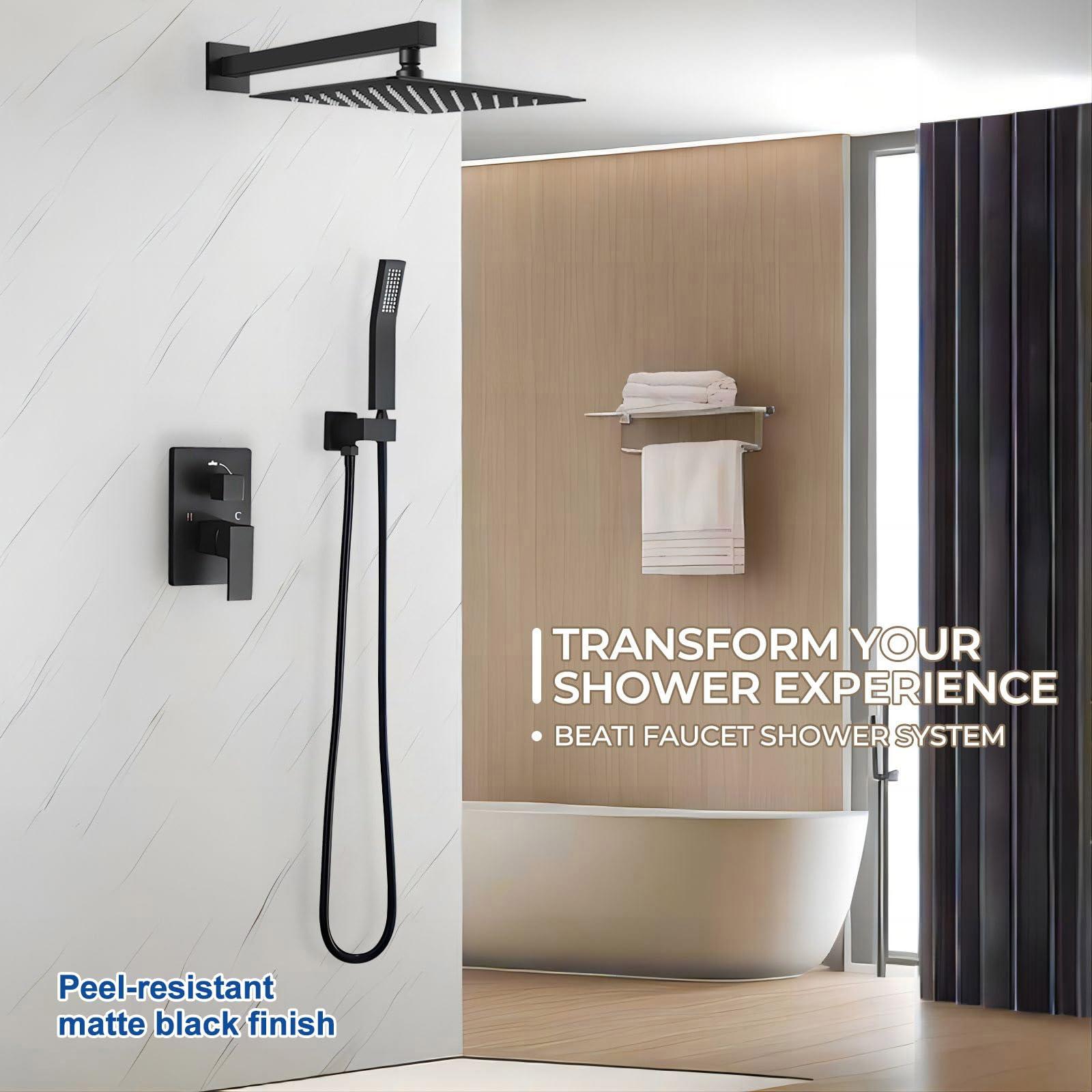 Beati Faucet Shower Faucet Set Complete with 10-Inch Rain Shower Head, Handheld Sprayer, Rough-in Valve Included, High-Pressure Wall-Mounted Shower System for Bathroom, Matte Black - Image 2