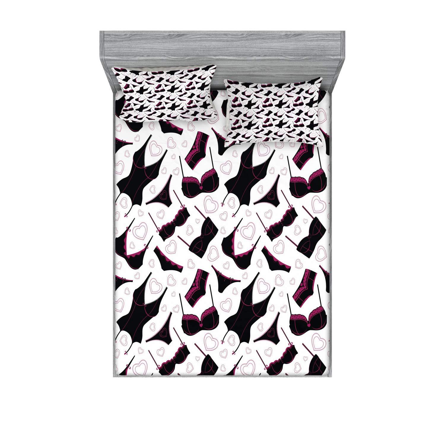 Ambesonne Retro Fitted Sheet & Pillow Sham Set, Lingerie Pattern Brassiere and Panties with Hearts Women`s Fashion Underwear, Decorative Printed 3 Piece Bedding Decor Set, Full, Black Fuchsia White - Image 1