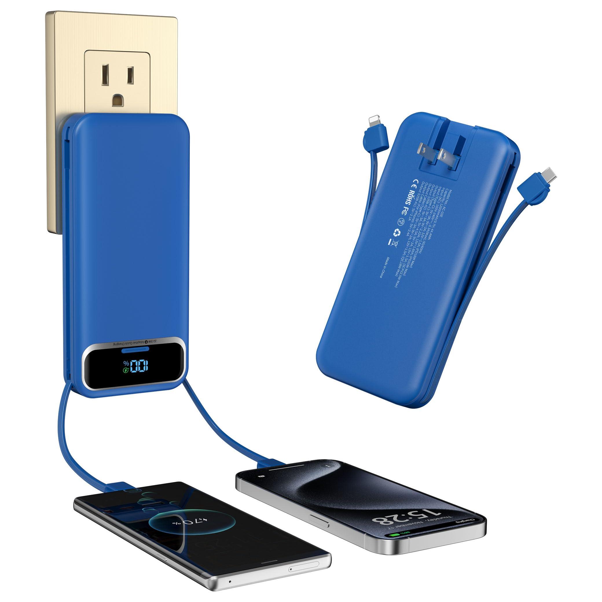 Portable-Charger Power-Bank with Built-in Cables & AC Wall Plug - 12000mAh PD 20W Fast Charging for iPhone,Samsung,Android, USB-C,Rechargeable External Battery Pack for Cell Phone,Type C,Travel Navy