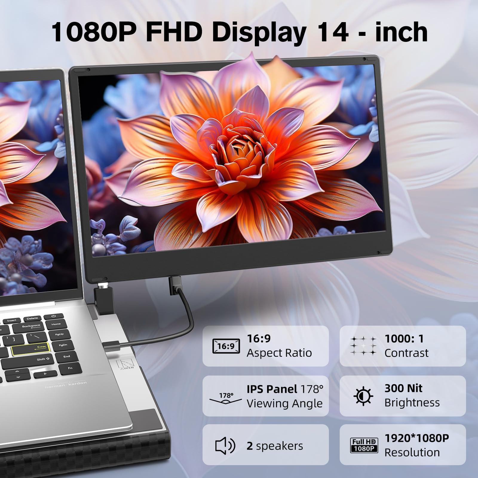 AOKER Laptop Triple Screen Extender - 14" Monitor IPS FHD 1080P HDMI USB-C Detachable Portable Display for 12-17.3 Inch Laptops Compatible with Windows Mac Chrome Surface Metal Base Travel Work Setup - Image 2