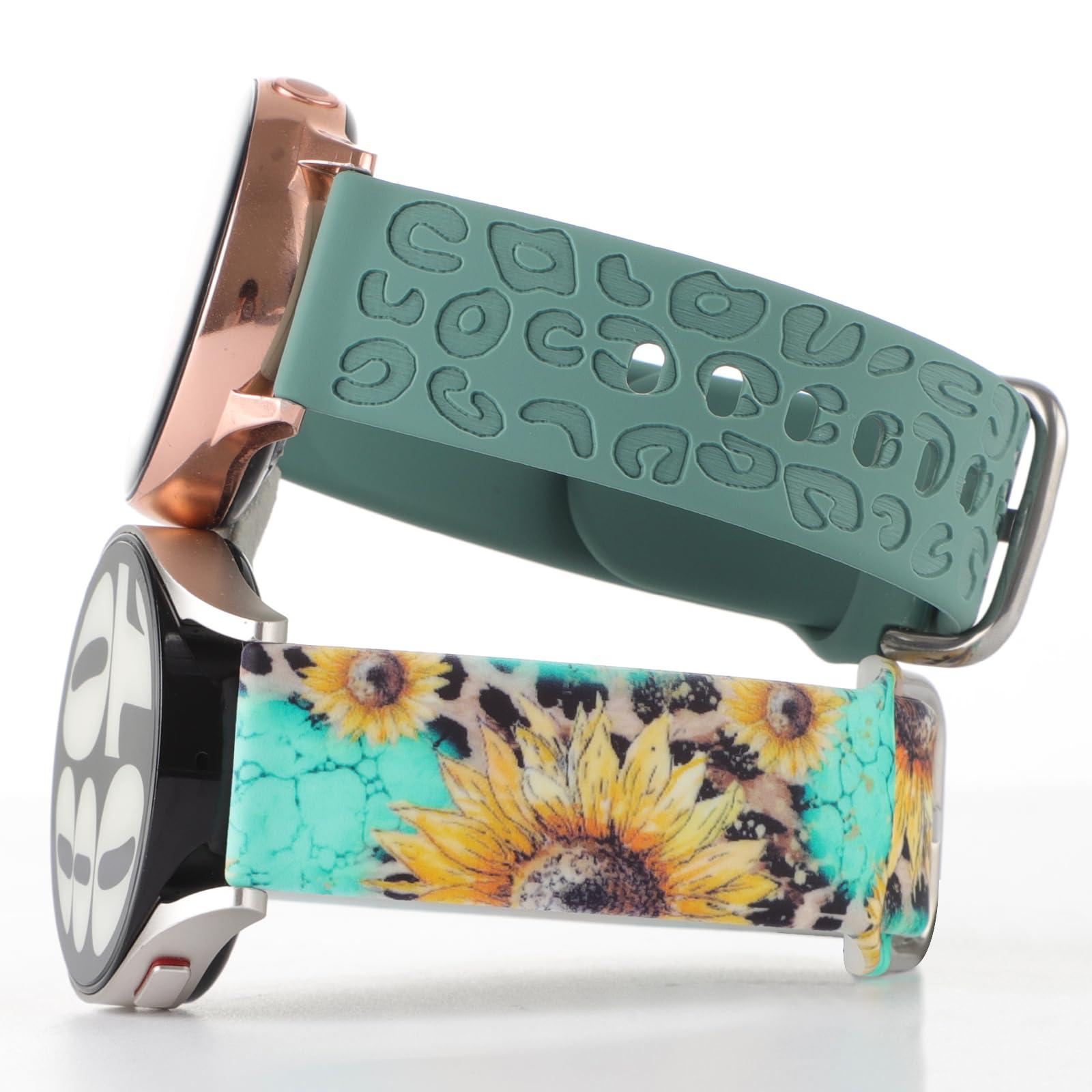 2 Pack Band Compatible with Samsung Galaxy Watch 7 FE 6 5 4 40/44mm,Galaxy Watch 5 Pro 45mm/Watch 6 4 Classic/Active 2,20mm Silicone Sport Band Leopard Engraved Flower Printed Wristband Women Men - Image 7