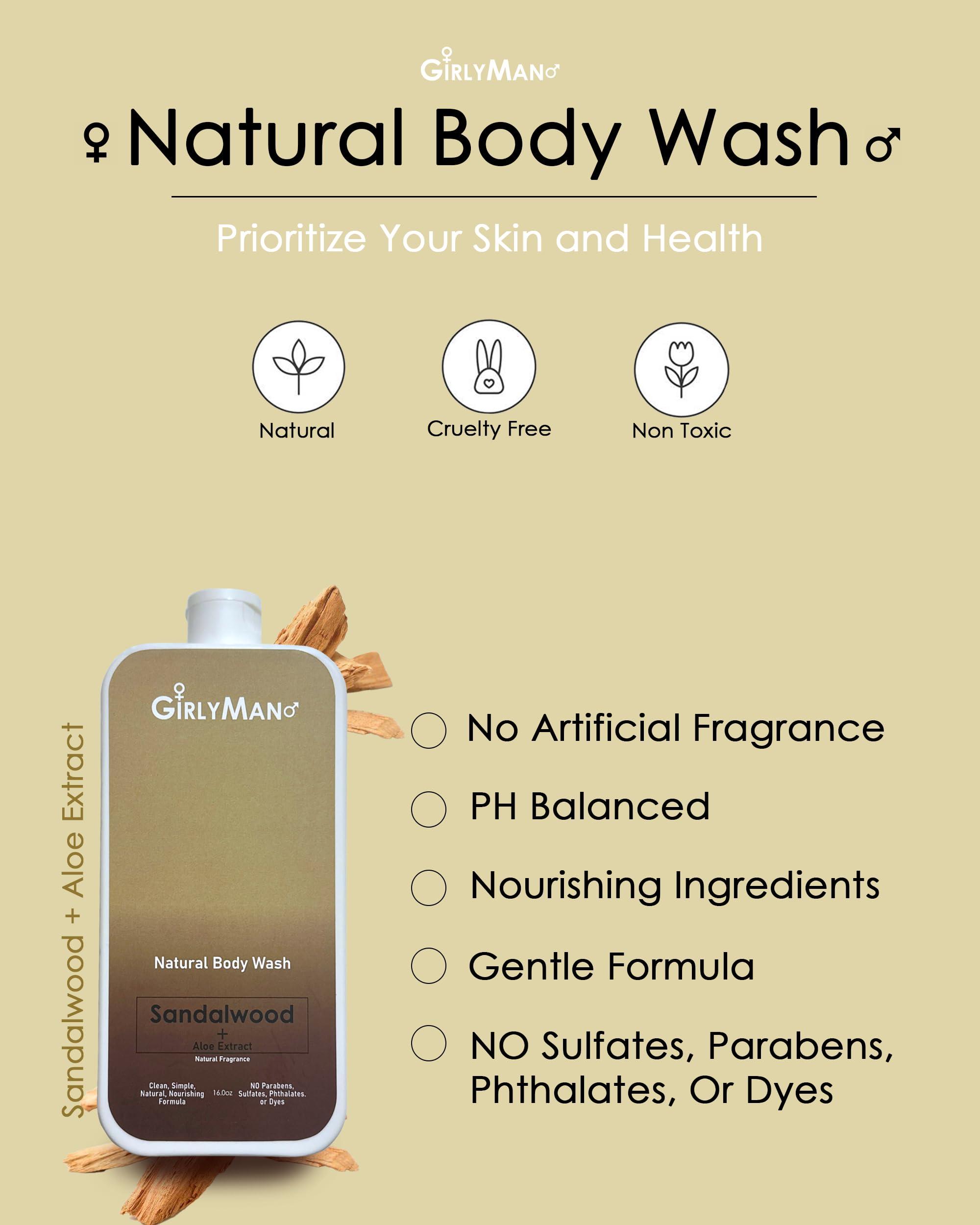 GirlyMan Natural Body Wash - Made with Olive Oil & Aloe Extract, No Artificial Fragrance, PH Balanced, Gentle Formula, Nourishing Ingredients, Family Owned (Sandalwood) - Image 2