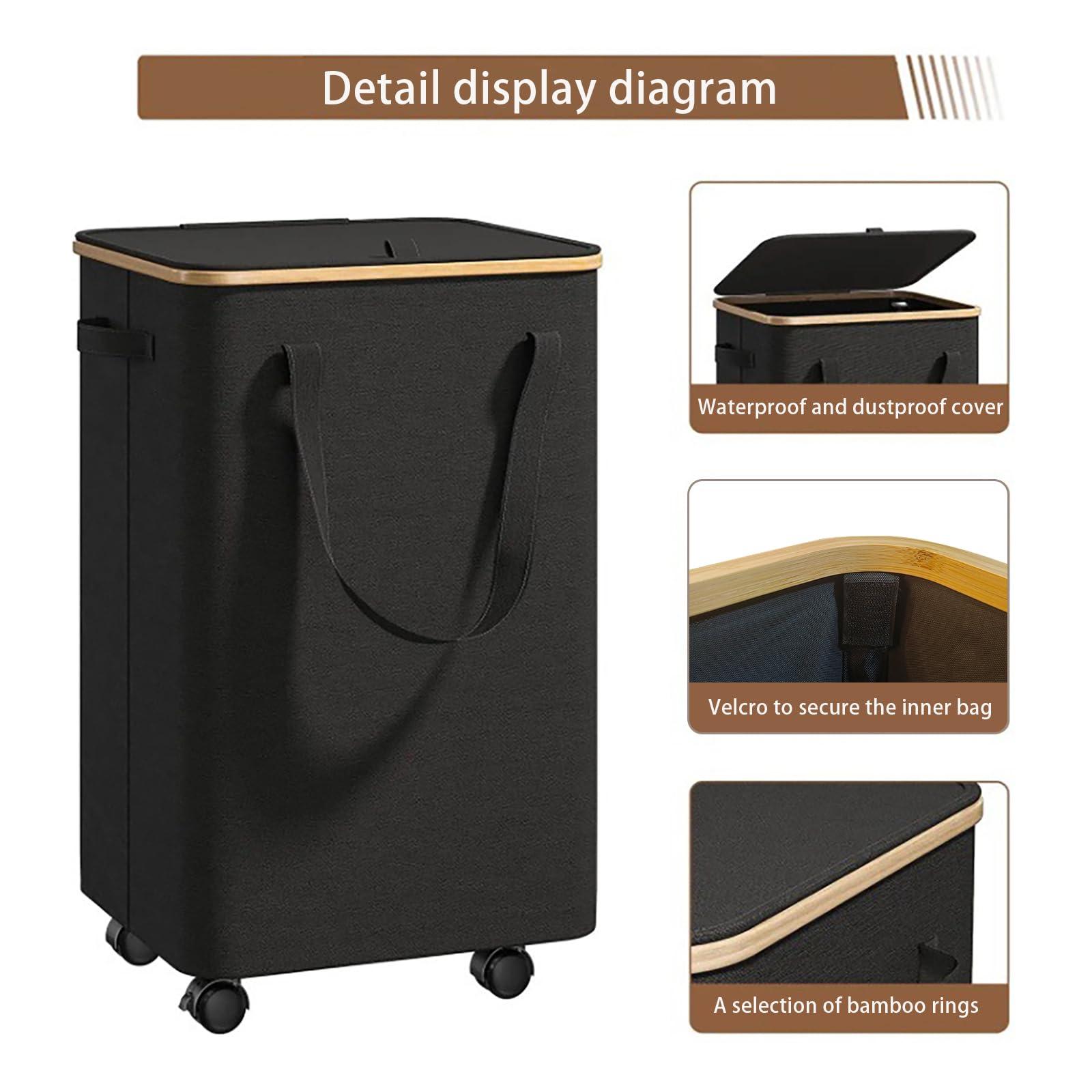 Large Laundry Basket with Wheels,100L Tall Laundry Hamper with Lid and Removable Liner Bag,Collapsible Dirty Clothes Hamper for Bathroom,Bedroom,Dorm & Laundry Room,Black - Image 5