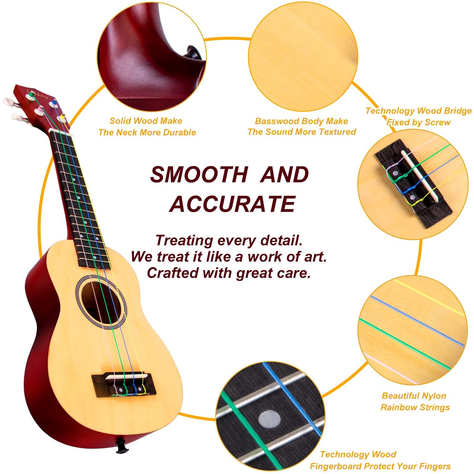 Ukulele, Soprano 21 Inch Ukelele Lotkey Ukeleles for Beginners Rainbow String Kit (Ukalalee Strap Cloth Tuner Bag Picks Manual) (basswood) - Image 3