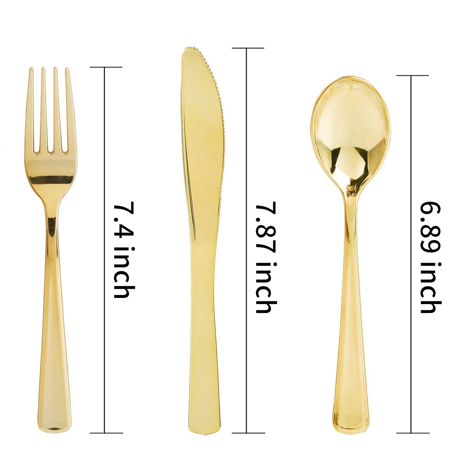 WDF300 Pieces Gold Plastic Silverware - Heavy Duty Disposable Gold Cutlery Set Plastic Gold Silverware Set Plastic Includes 100 Forks, 100 Spoons, 100 Knives for Party - Image 3