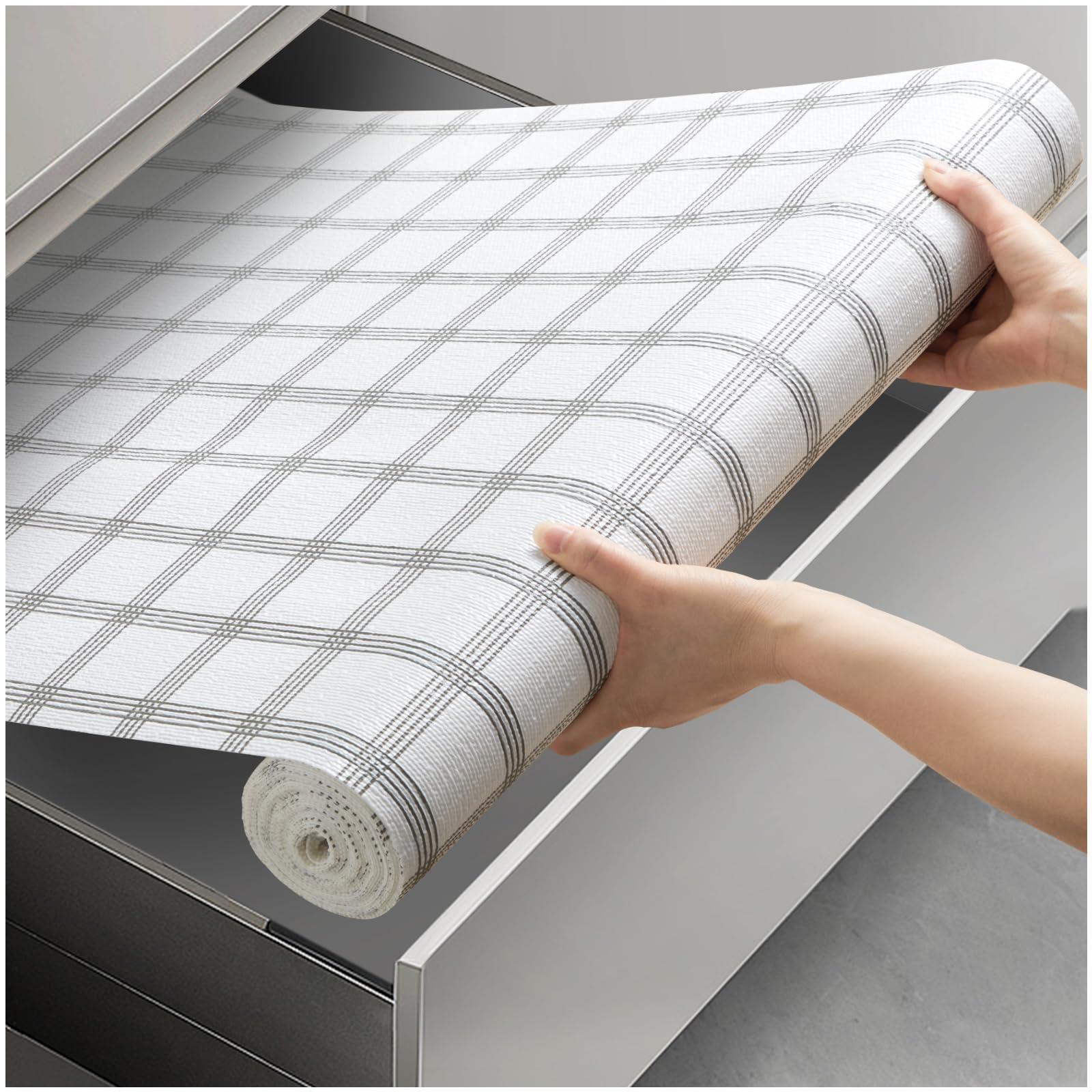 Viseeko Shelf and Drawer Liner for Kitchen Cabinet, Non-Adhesive Cabinet Liners for Shelves, Strong Grip Shelf Paper Non-Slip Waterproof Easy to Cut for Dresser Cupboard, Grey Stripe, 12 in x 30 ft