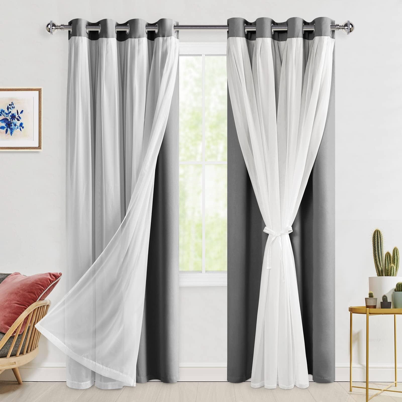 Hiasan Grey Blackout Curtains with Sheer Overlay, Grommet Thermal Insulated Privacy Mix & Match Double Layer Room Darkneing Curtains for Bedroom, Living Room, 2 Window Panels with Tiebacks, 52W X 84L