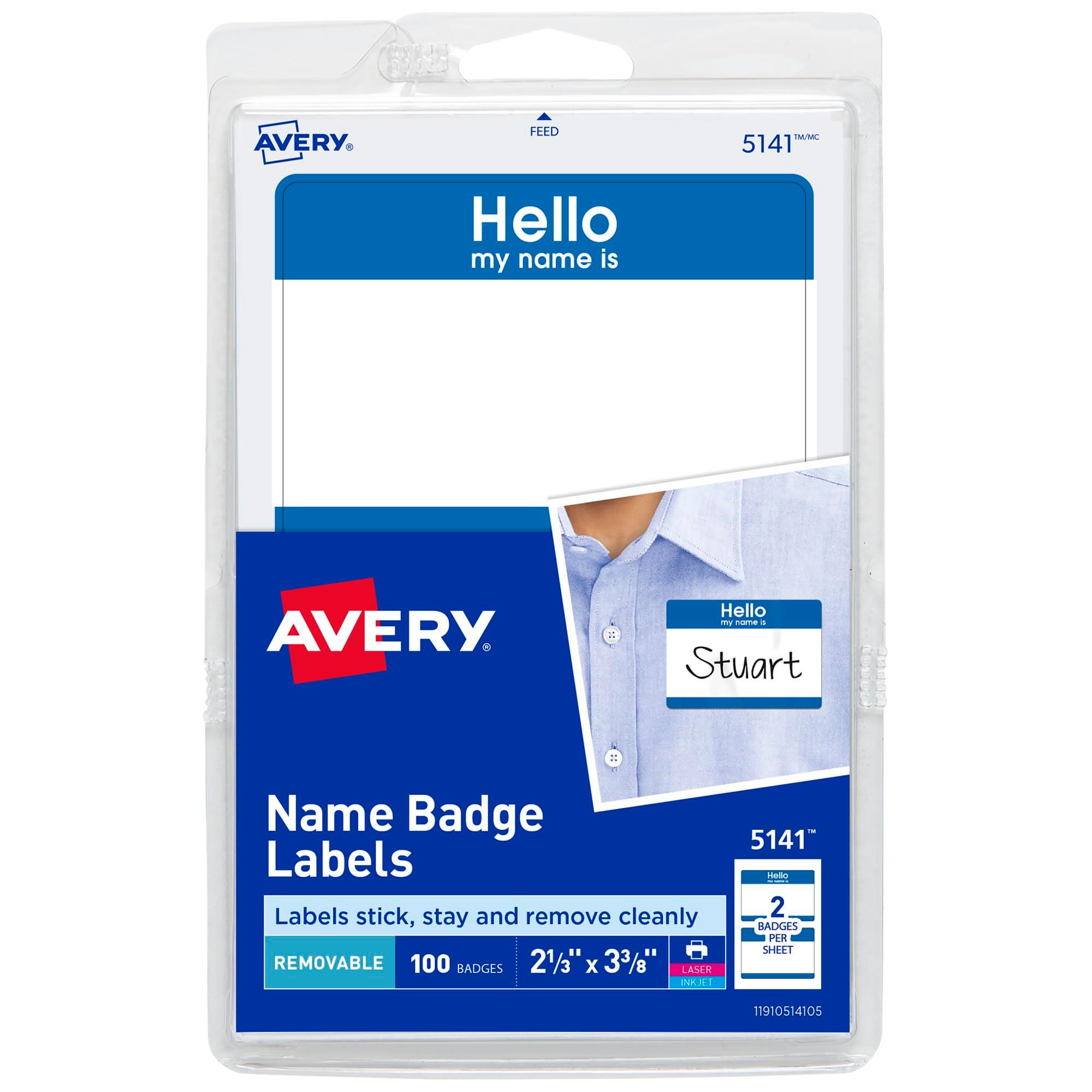 Avery Customizable Name Tags, Hello My Name is, White, Blue Border, Removable Adhesive, Laser/Inkjet Printable, 100 Total (5141)