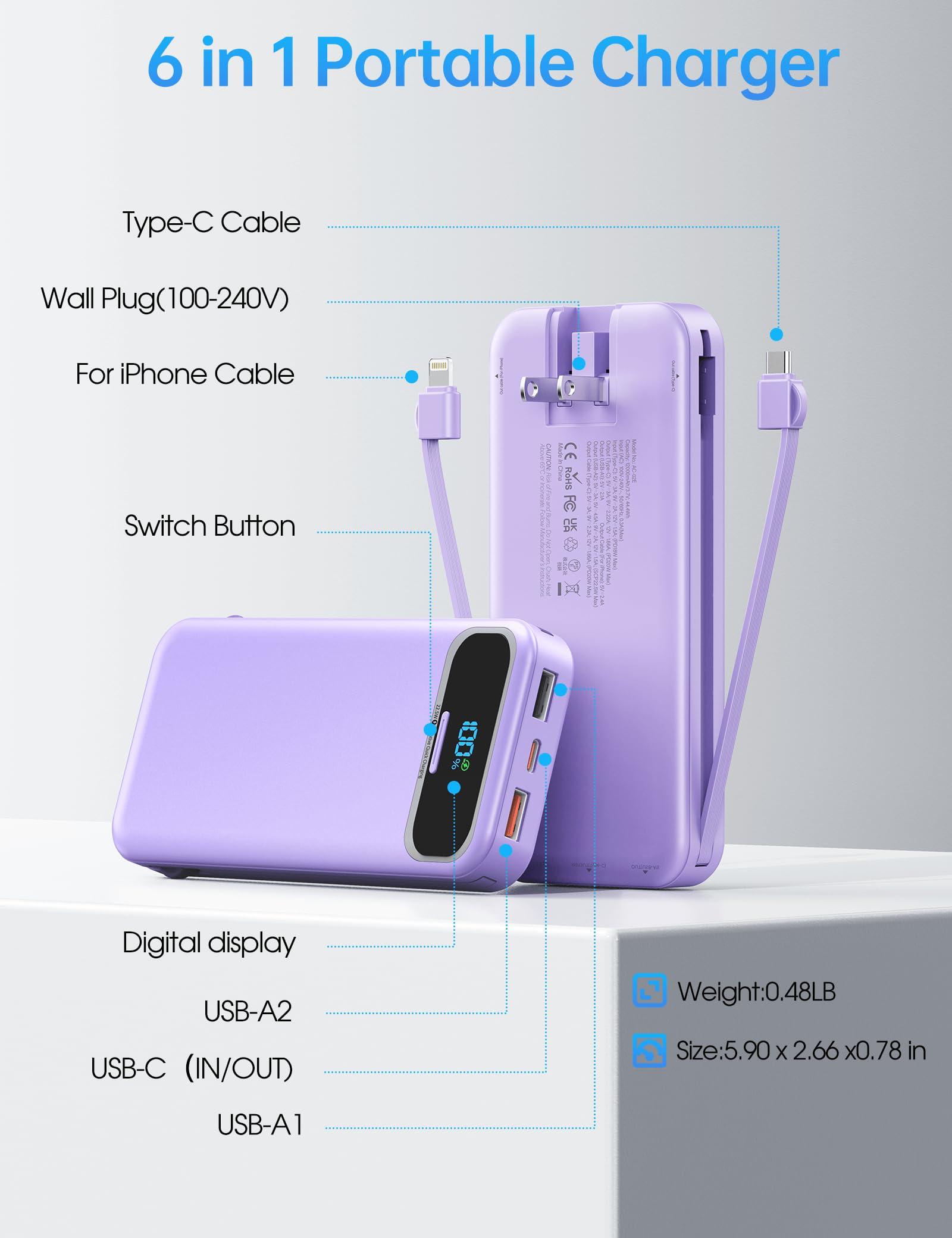 Portable-Charger Power-Bank with Built-in Cables & AC Wall Plug - 12000mAh PD 20W Fast Charging for iPhone,Samsung,Android, USB-C,Rechargeable External Battery Pack for Cell Phone,Type C,Travel Purple - Image 5