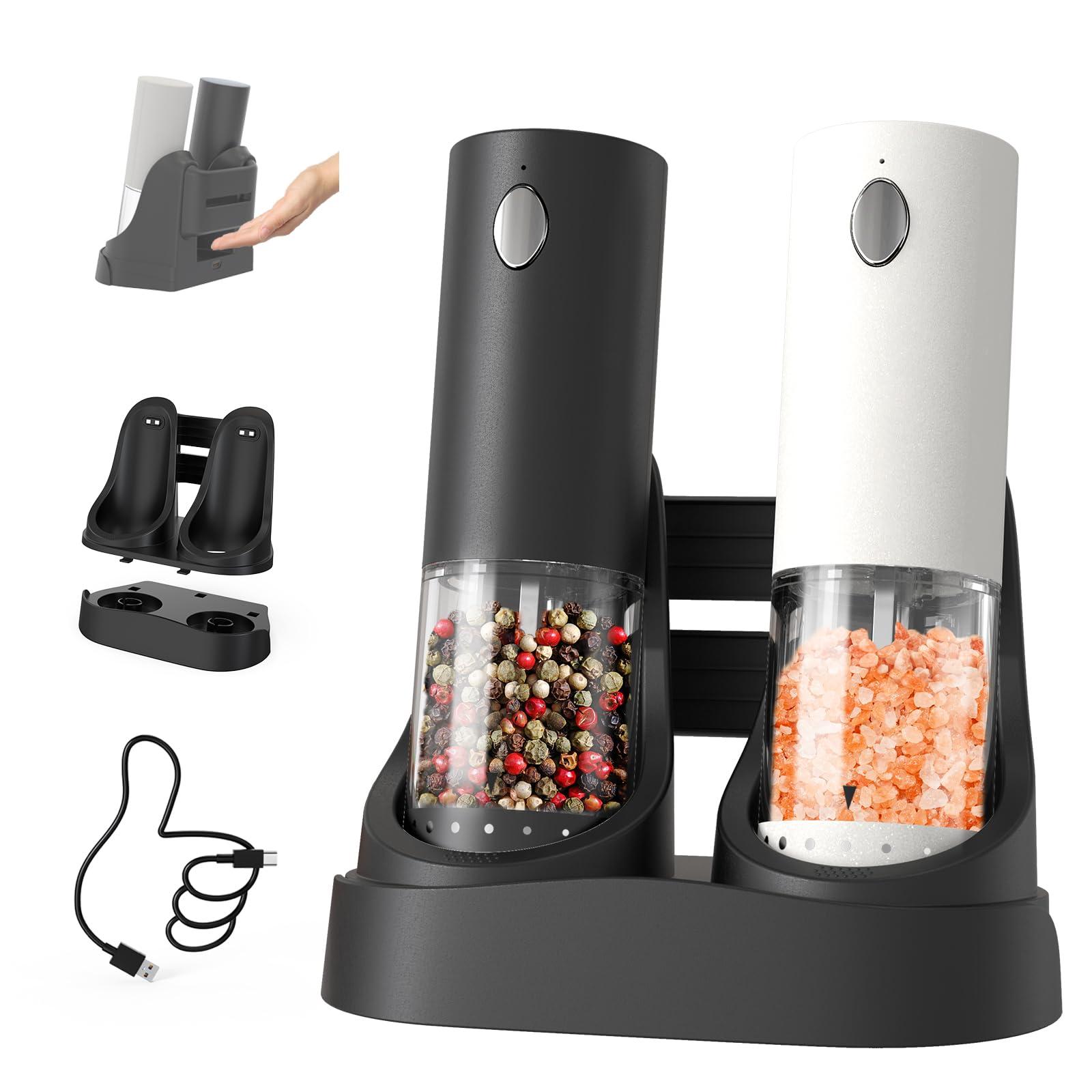 CIRCLE JOY Electric Salt and Pepper Grinder Set Automatic Salt and Pepper Grinder Set with Charging Base and White LED Light, Adjustable Coarseness, USB Rechargeable, Washable Container, White & Black