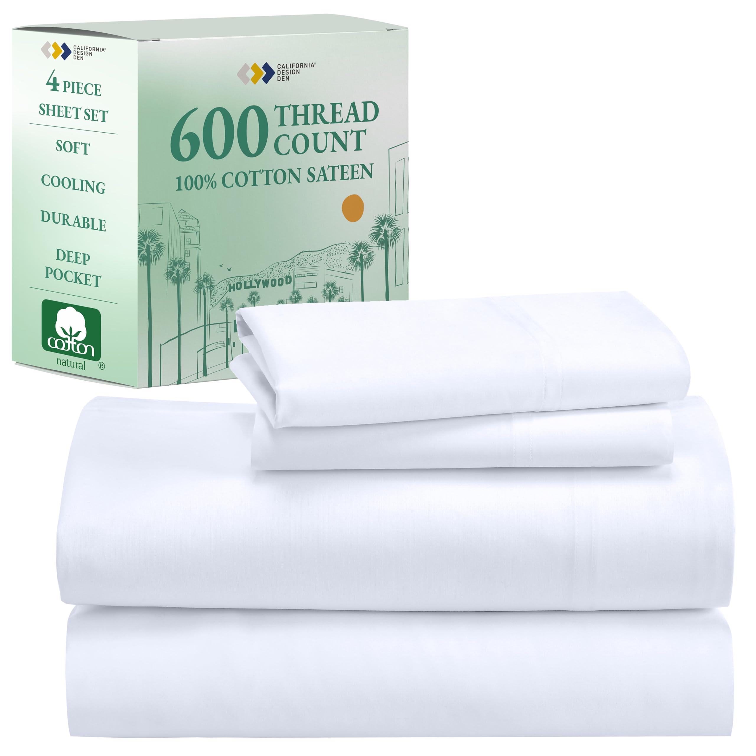 California Design Den Queen Sheet Set - Luxury 600 Thread Count Sateen, 100% Cotton Deep Pocket Queen Sheets with All Around Elastic, Snug Fit, Hotel Quality Bedding Set - White