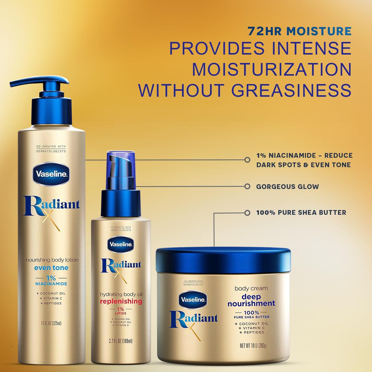 Vaseline Radiant X Skin Care Set – Even Tone Nourishing Body Lotion with 1% Niacinamide, Deep Nourishment Body Cream with Vitamin C + Hydrating Body Oil with Vitamin E (3 Piece Set) - Image 3